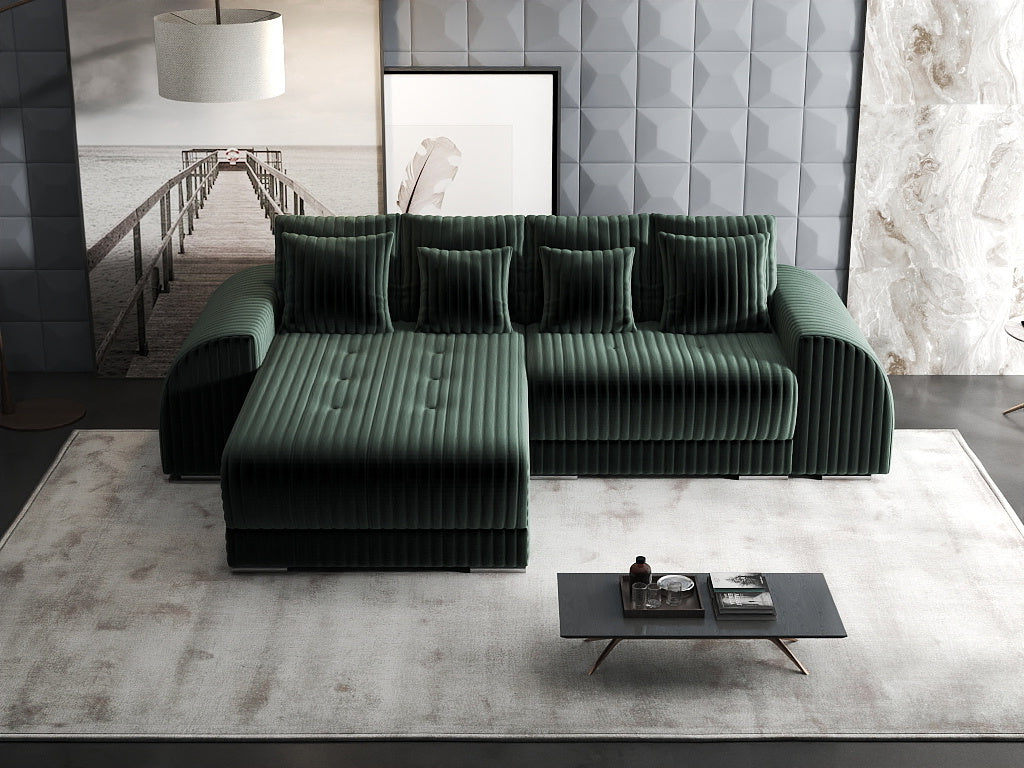 Colțar extensibil dumonde cu ladă de depozitare si sezut confortabil din spuma HR, Verona Ambience Verde 290x185 cm Fabrica