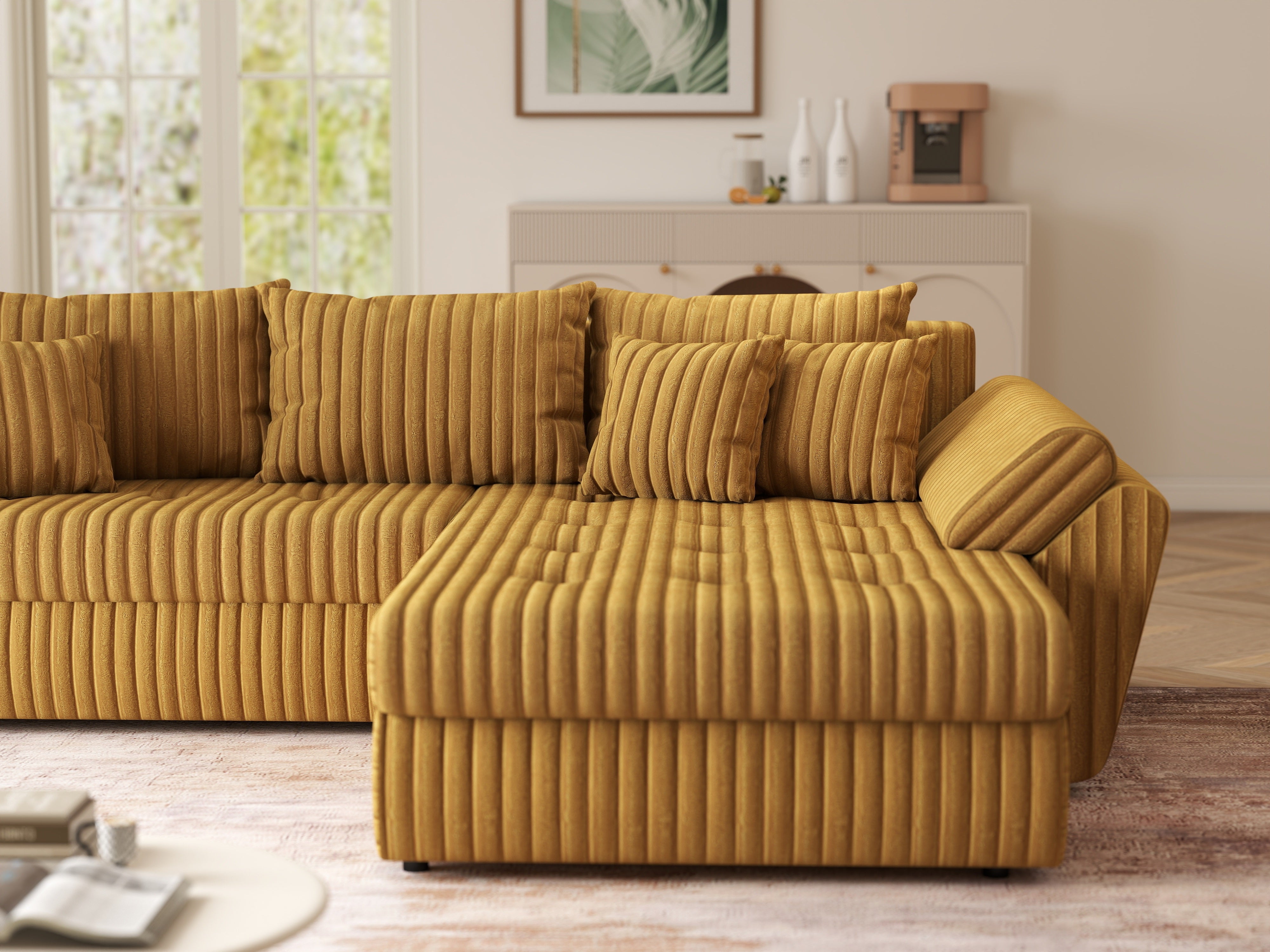 Colțar extensibil dumonde cu ladă de depozitare si sezut confortabil din spuma HR, Loana Ambience Mustar II 270x185 cm Fabrica