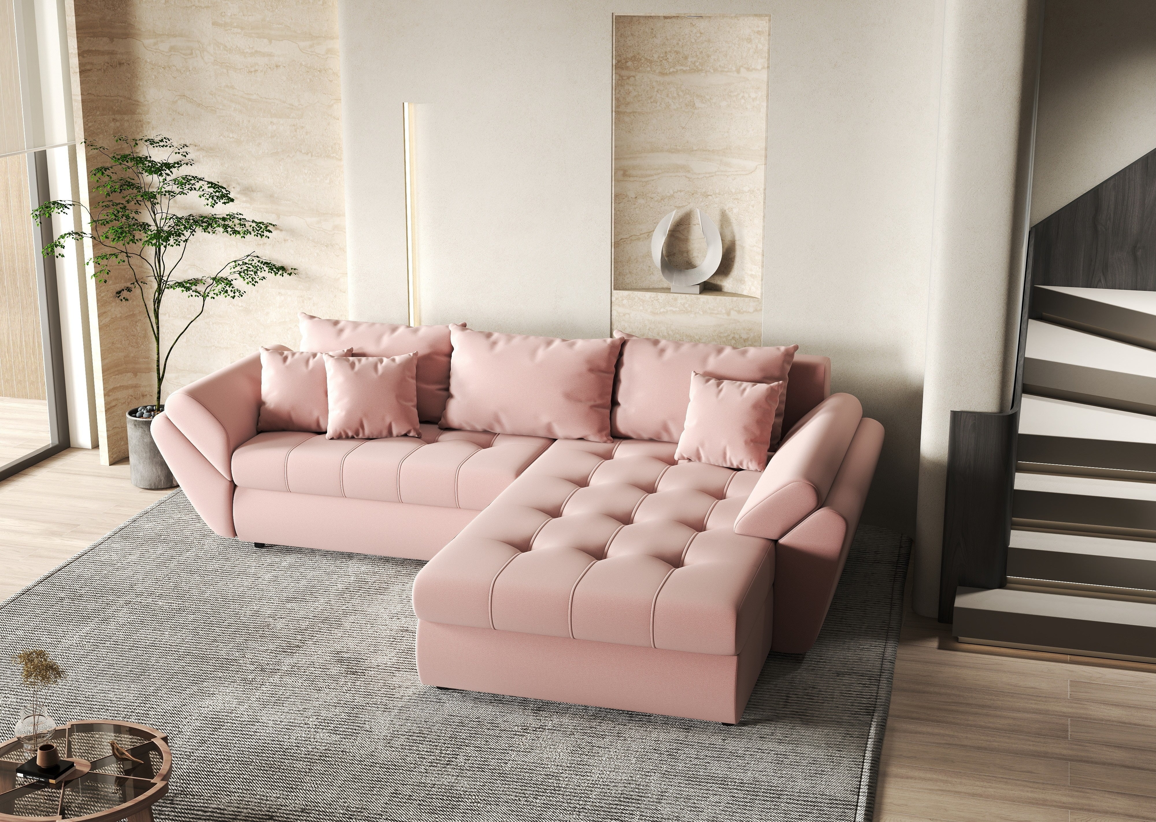 Colțar extensibil dumonde cu ladă de depozitare si sezut confortabil din spuma HR, Loana Royal Pink II 270x185 cm Fabrica