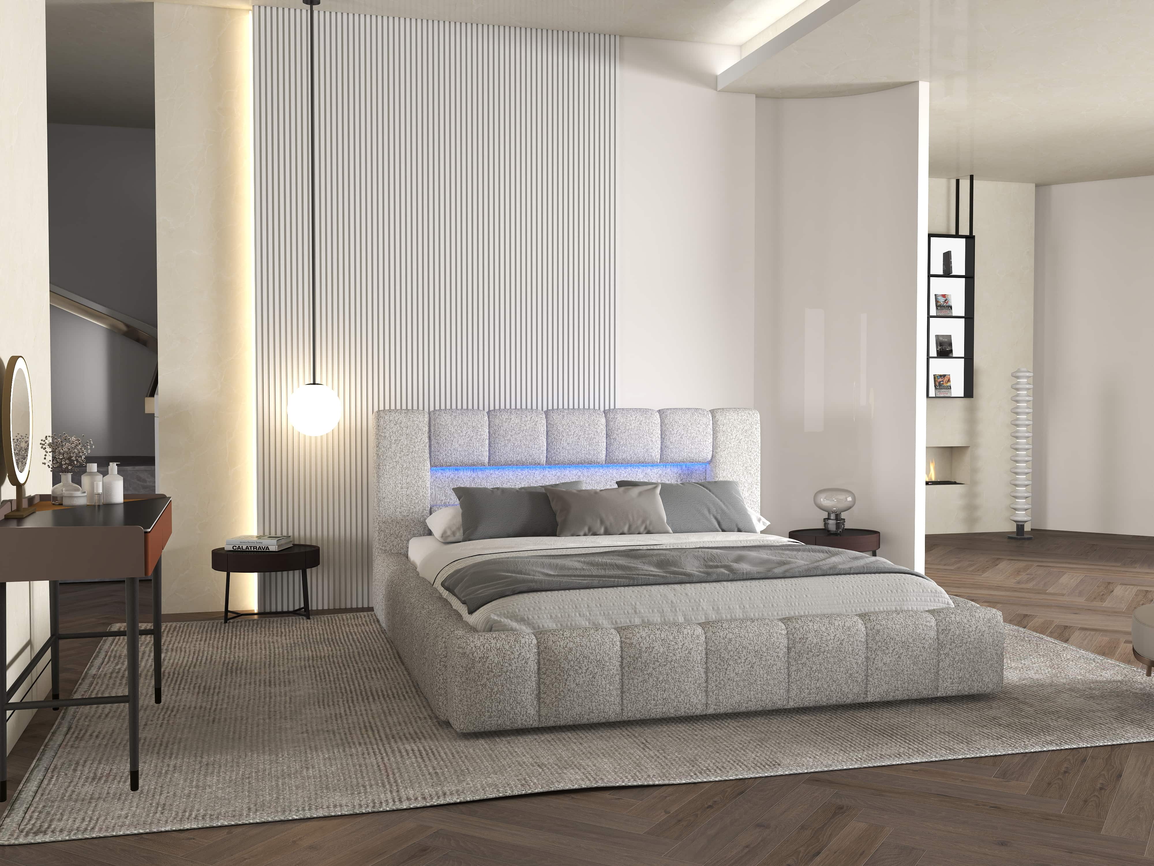 Pat dormitor dumonde, tapitat gri cu LED si USB, Palermo 160x200 cm, somiera rabatabila inclusa, spatiu depozitare WLS