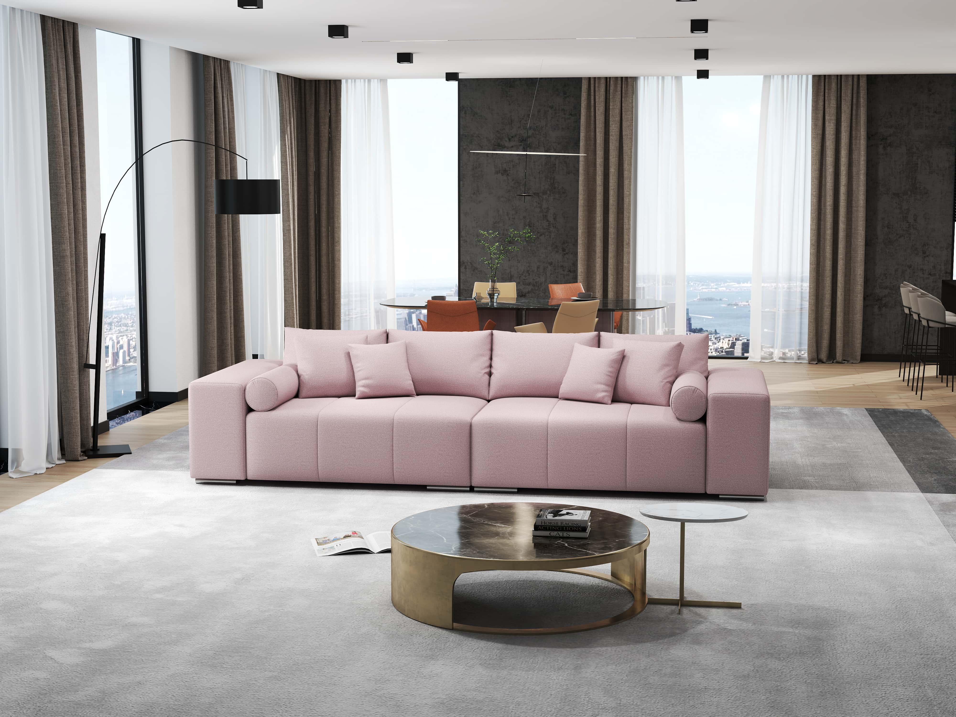 Canapea extensibilă dumonde cu ladă de depozitare si sezut confortabil din spuma HR, Marbela Pink XXL 295x100 cm Fabrica