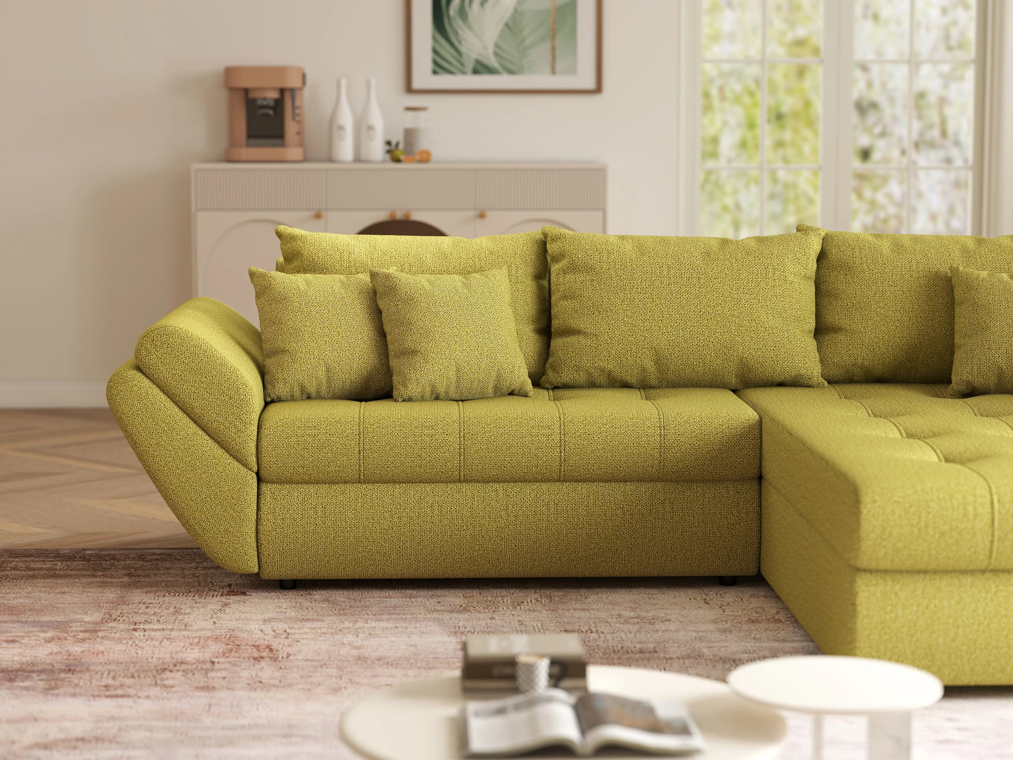 Colțar extensibil dumonde cu ladă de depozitare si sezut confortabil din spuma HR, Loana Green Lux II 270x185 cm Fabrica