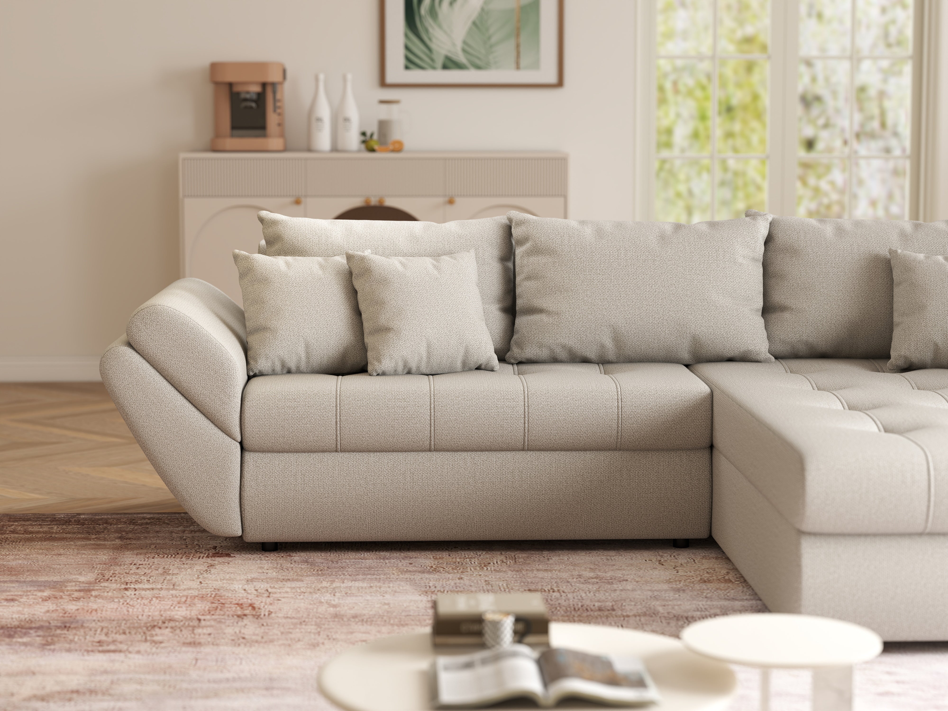 Colțar extensibil dumonde cu ladă de depozitare si sezut confortabil din spuma HR, Loana Enjoy Bej II 270x185 cm Fabrica