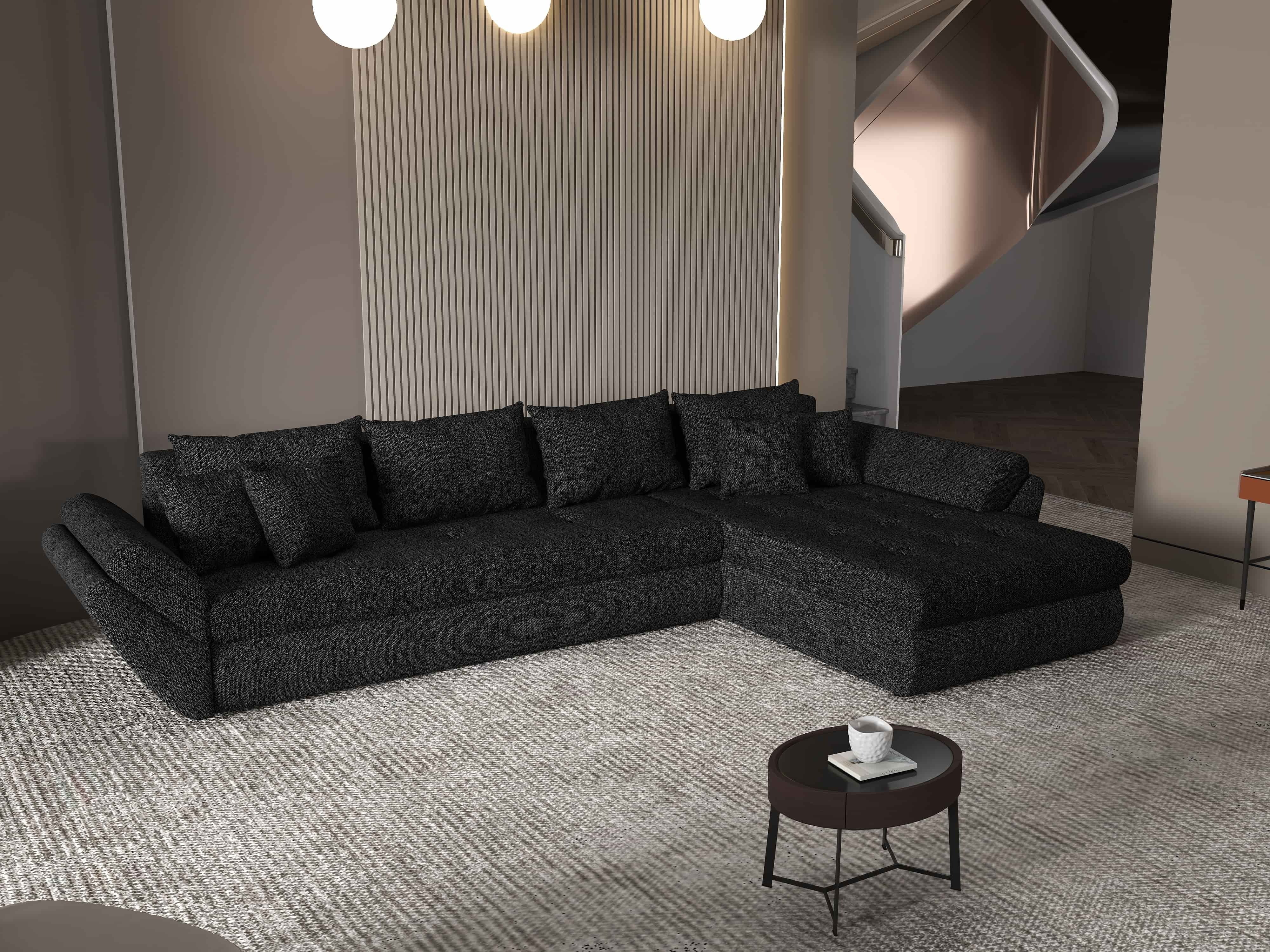 Colțar extensibil dumonde cu ladă de depozitare si sezut confortabil din spuma HR, Loana XL Enjoy Negru II 335x185 cm Fabrica