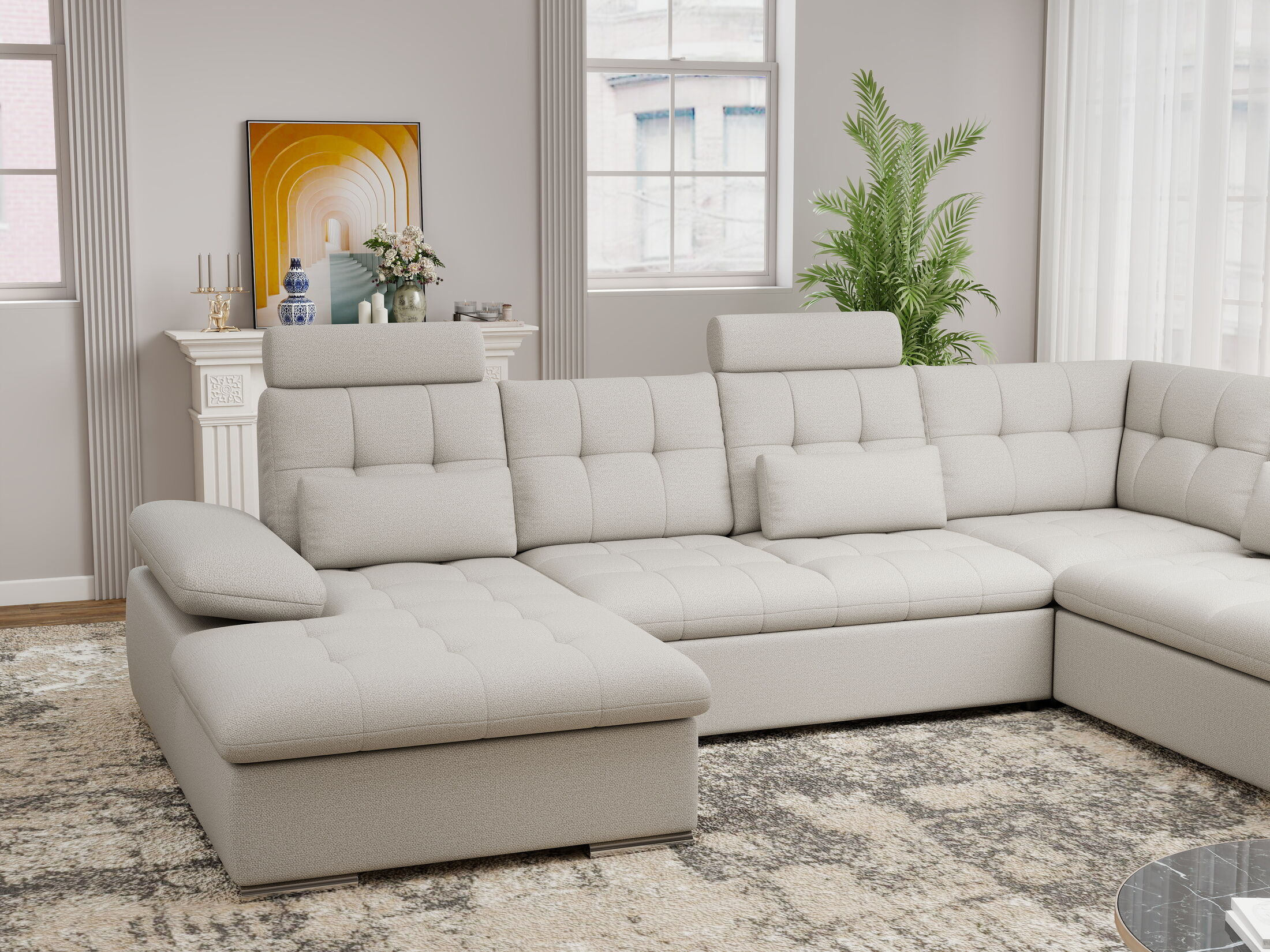 Colțar extensibil dumonde cu ladă de depozitare și șezut confortabil din spumă HR, Merkur U Enjoy Bej 324x218 cm