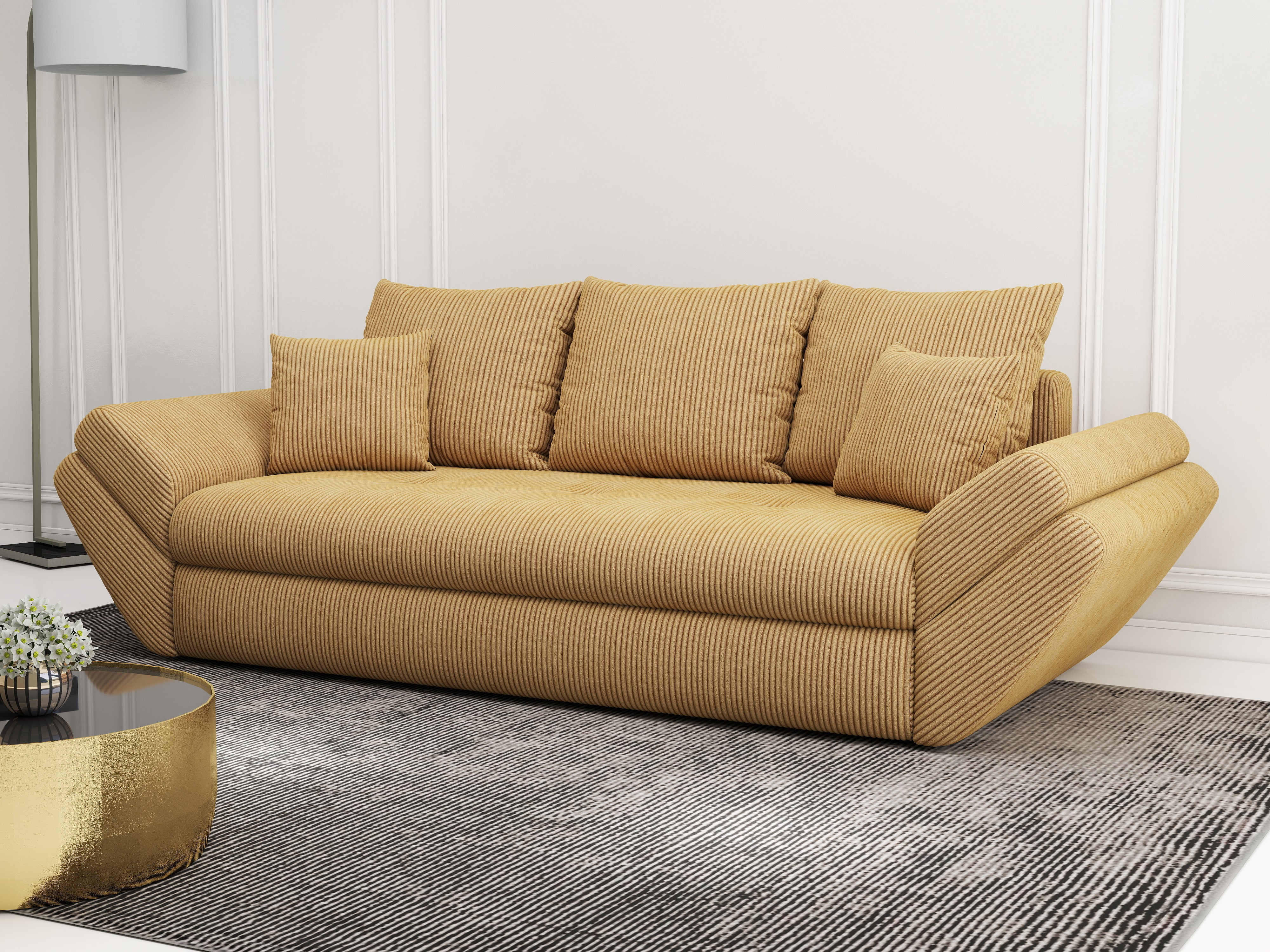 Canapea extensibilă dumonde cu ladă de depozitare si sezut confortabil din spuma HR, Loana Zoom Mustar 250x100 cm Fabrica