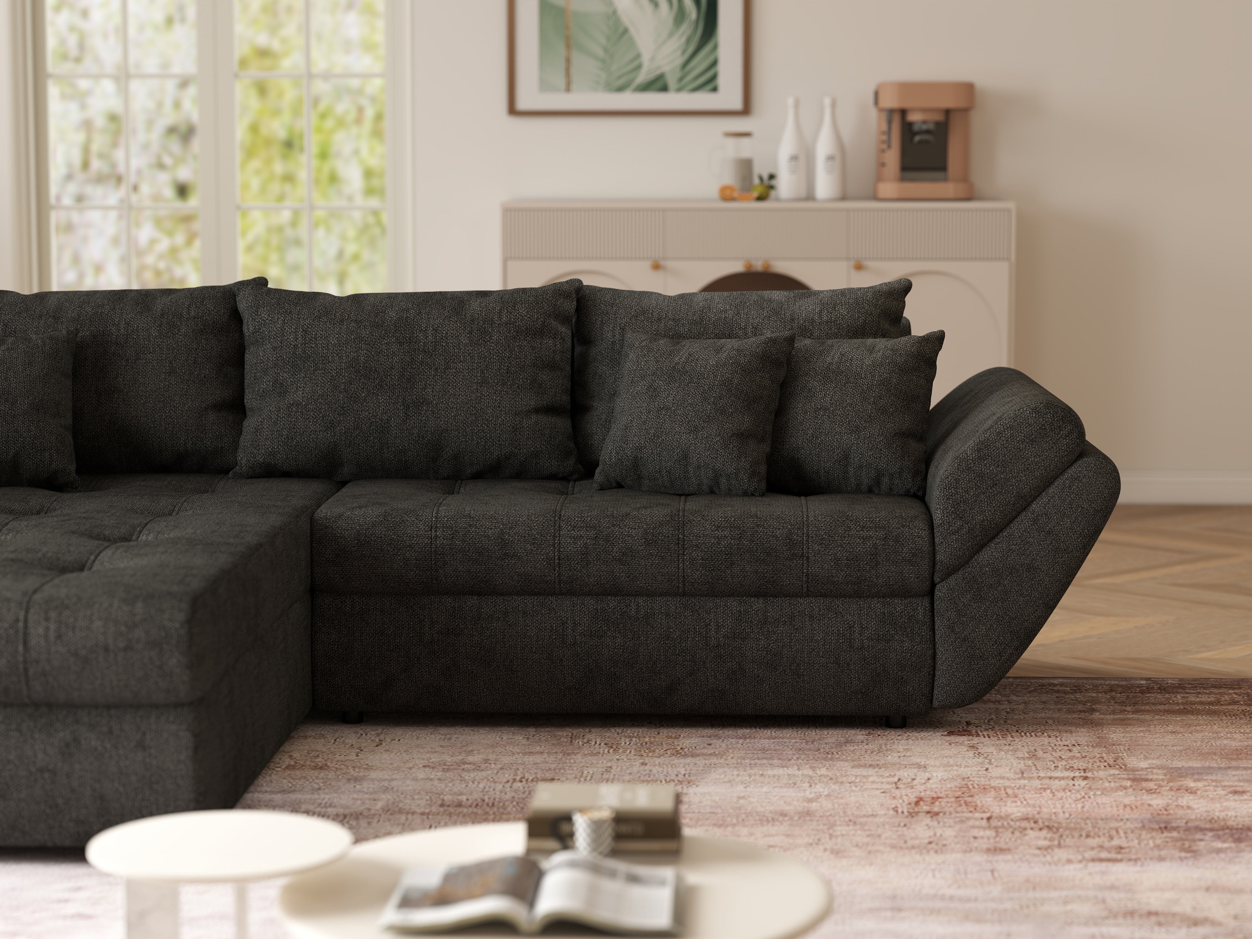 Colțar extensibil dumonde cu ladă de depozitare si sezut confortabil din spuma HR, Loana Enjoy Black II 270x185 cm Fabrica