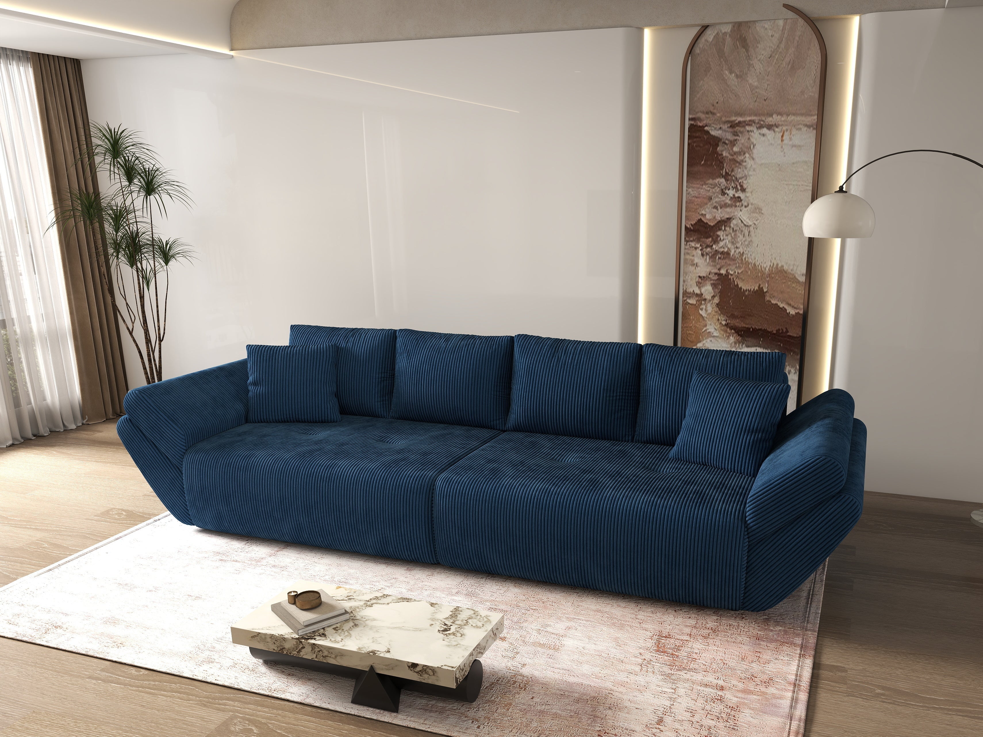 Canapea extensibilă dumonde cu ladă de depozitare si sezut confortabil din spuma HR, Berlin Zoom Blue 300x100 cm Fabrica