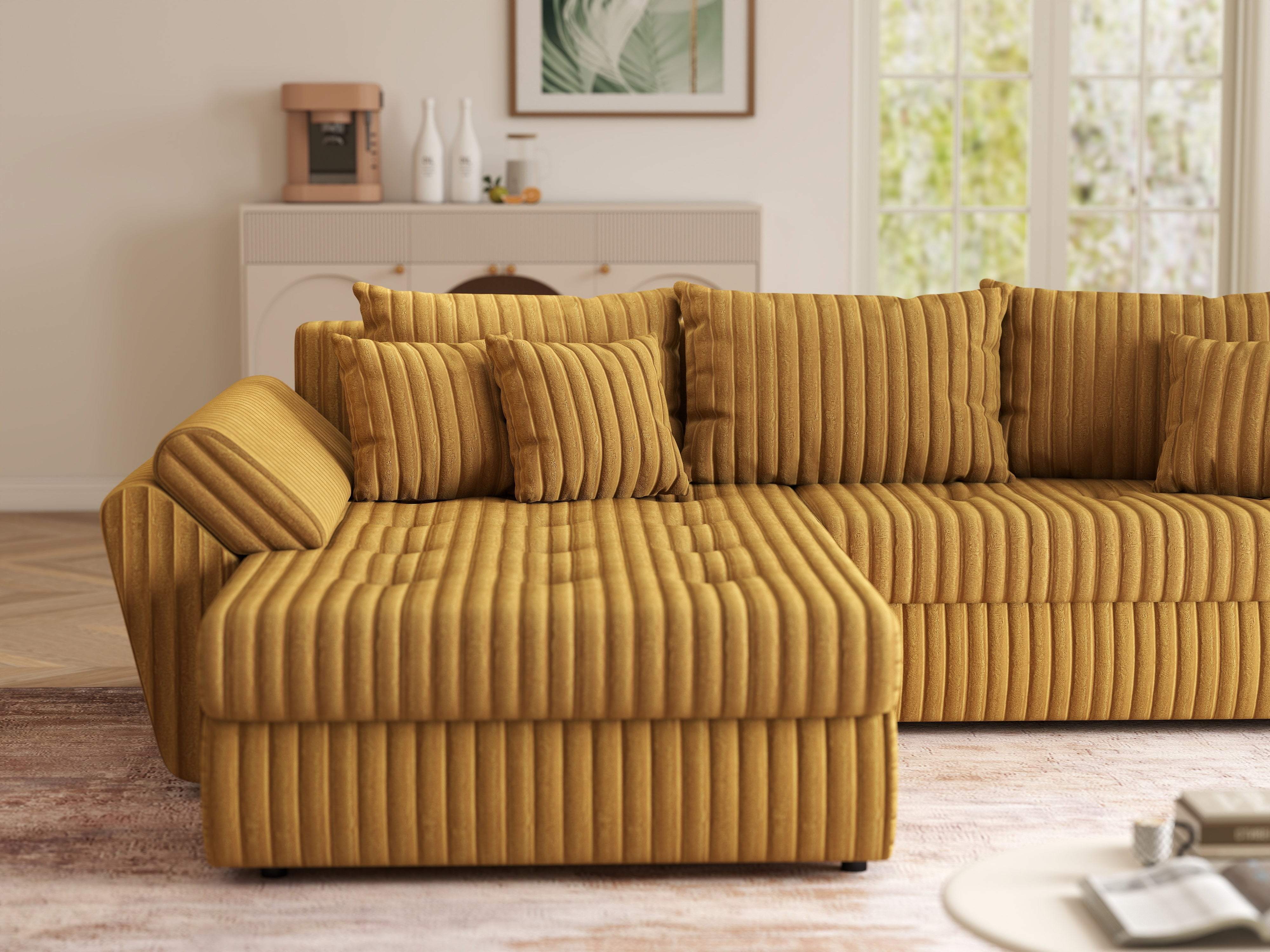 Colțar extensibil dumonde cu ladă de depozitare si sezut confortabil din spuma HR, Loana Ambience Mustar 270x185 cm Fabrica