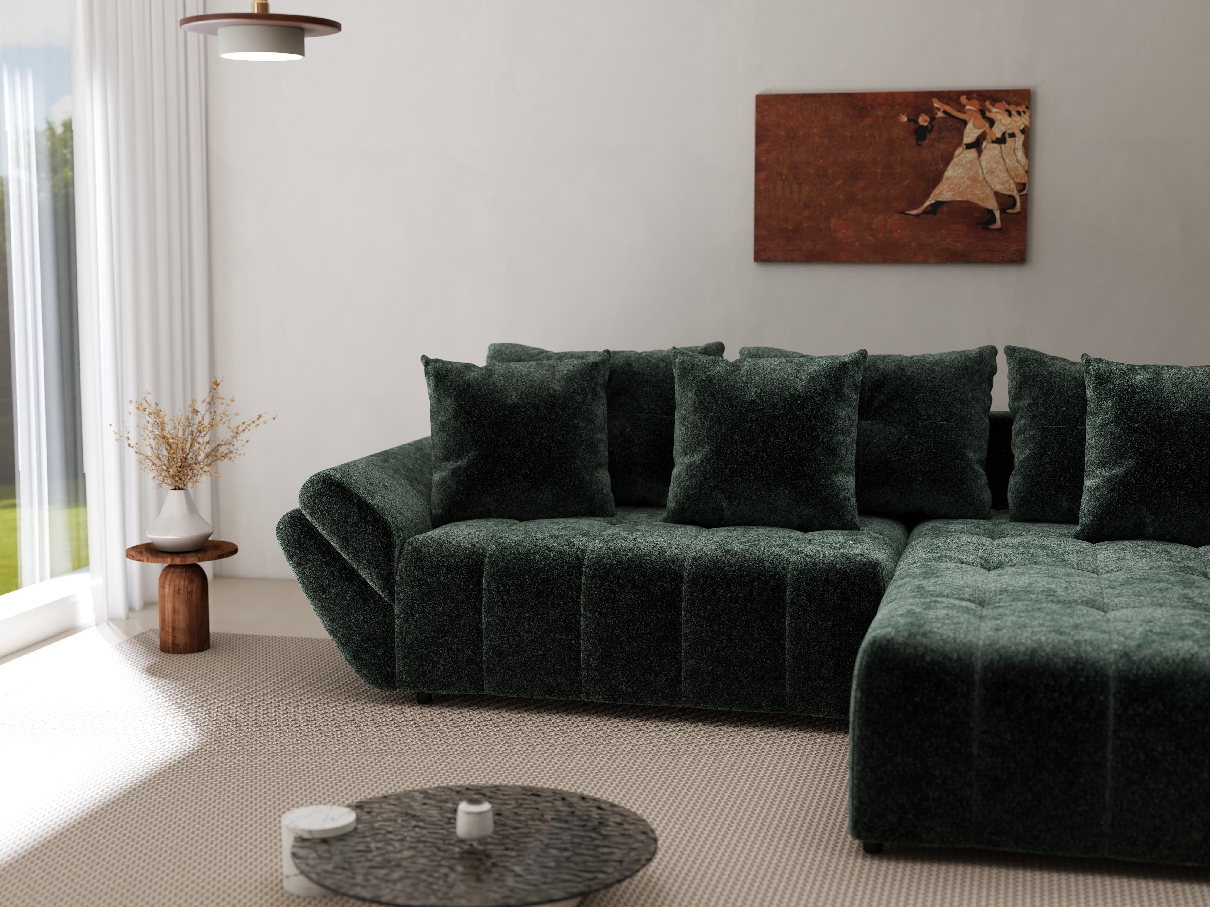 Colțar extensibil dumonde cu ladă de depozitare si sezut confortabil din spuma HR, Berlin Euphoria Verde 280x185 cm II Fabrica