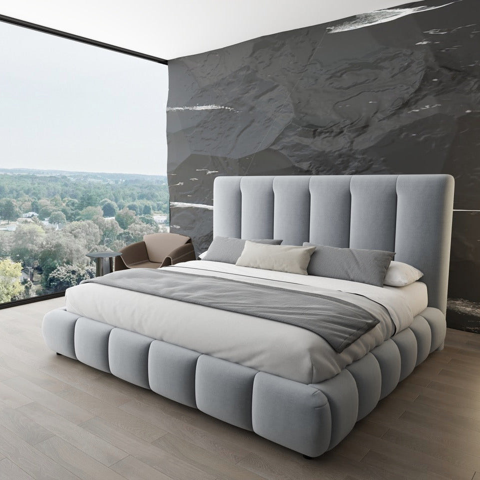 Pat dormitor dumonde, tapitat gri, Divaneo 180x200 cm, somiera rabatabila inclusa, spatiu depozitare