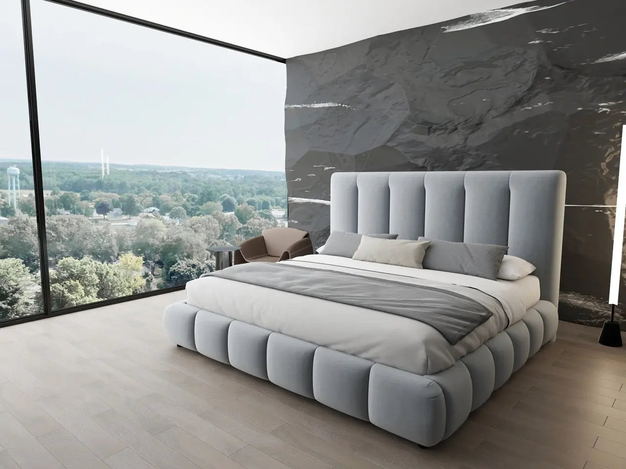 Pat dormitor dumonde, tapitat gri, Divaneo 140x200 cm, somiera rabatabila inclusa, spatiu depozitare WLS