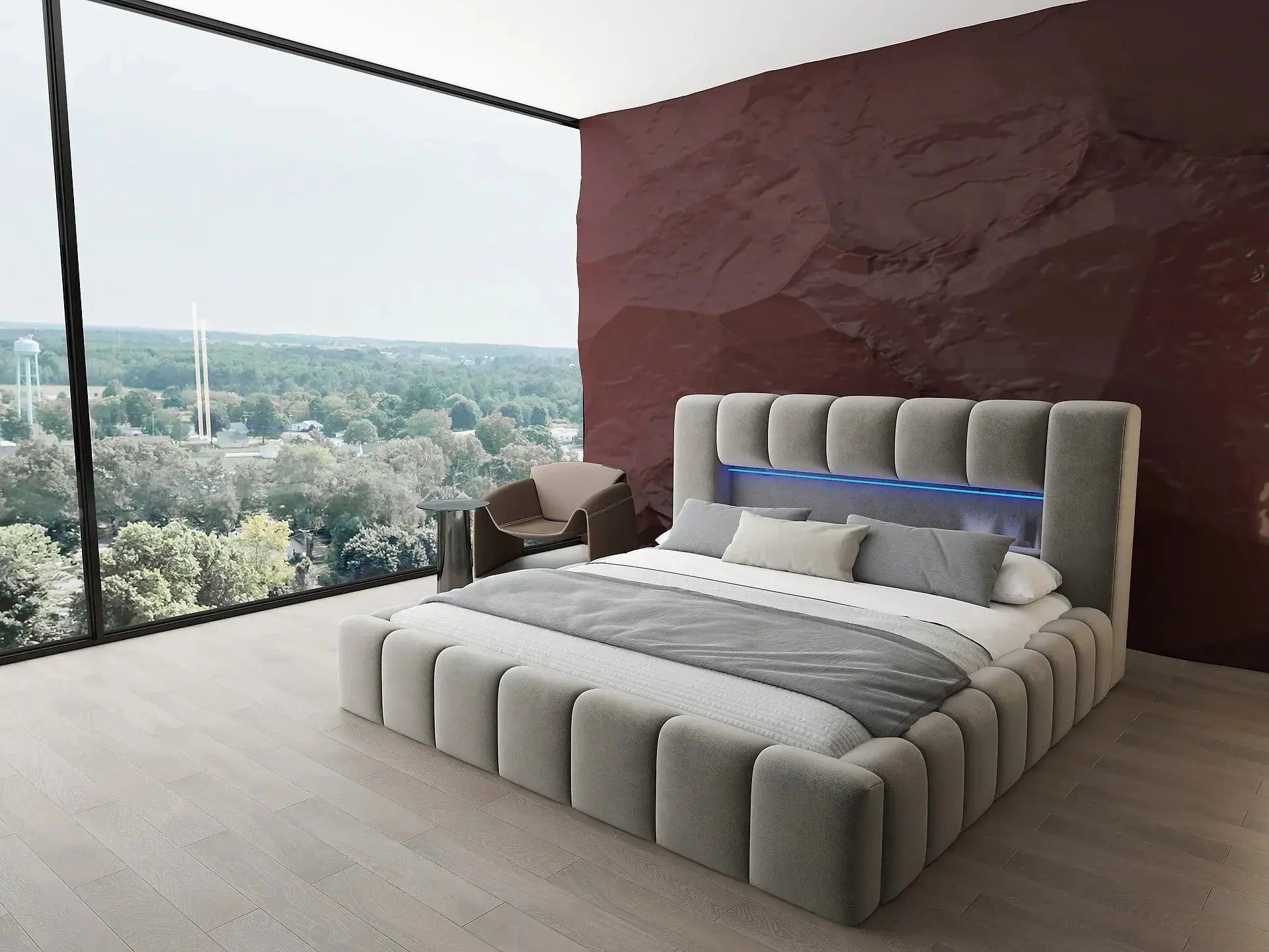 Pat dormitor dumonde, tapitat bej cu LED si USB, Palermo 160x200 cm, somiera rabatabila inclusa, spatiu depozitare WLS