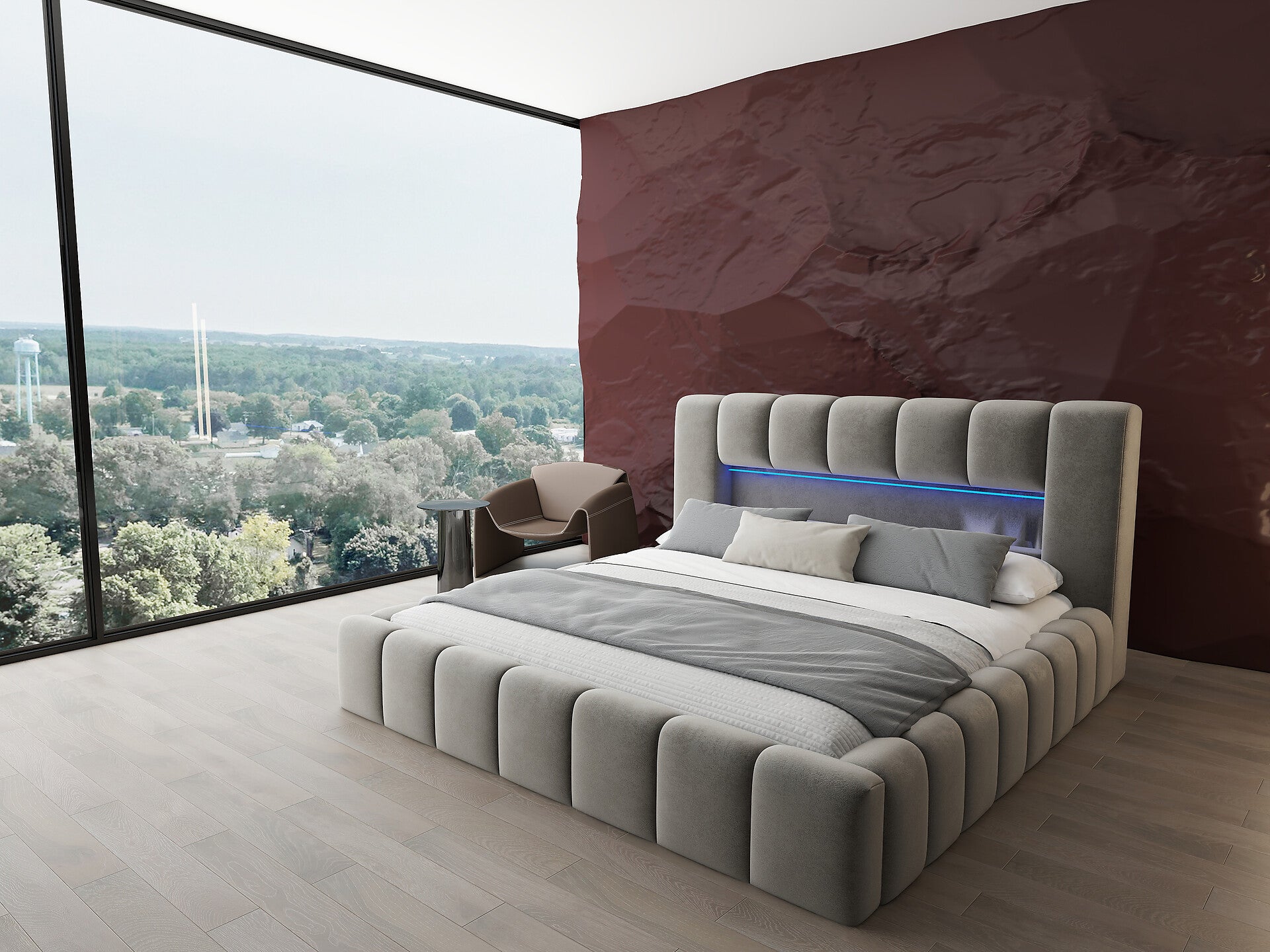 Pat dormitor dumonde, tapitat bej cu LED si USB, Palermo 180x200 cm, somiera rabatabila inclusa, spatiu depozitare