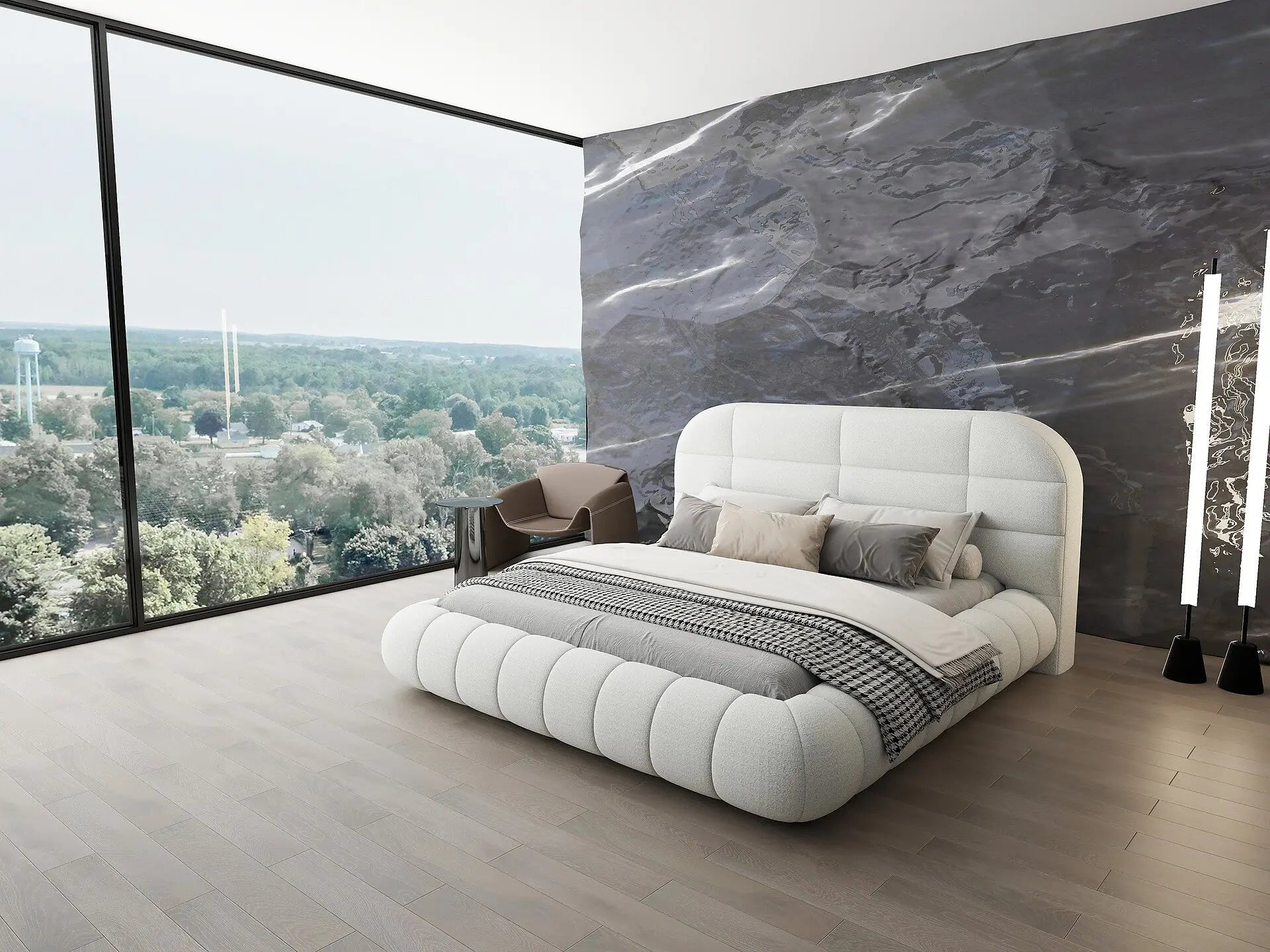 Pat dormitor dumonde, tapitat alb, Senso 160x200 cm, somiera rabatabila inclusa, spatiu depozitare WLS