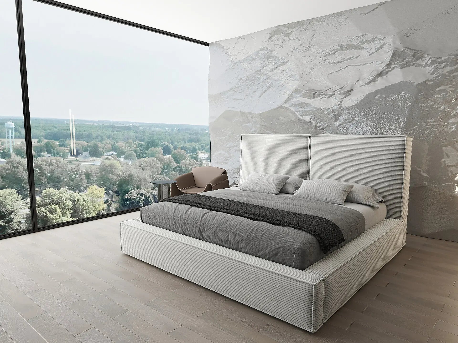 Pat dormitor dumonde, tapitat bej, Dreamer 160x200 cm, somiera rabatabila inclusa, spatiu depozitare WLS