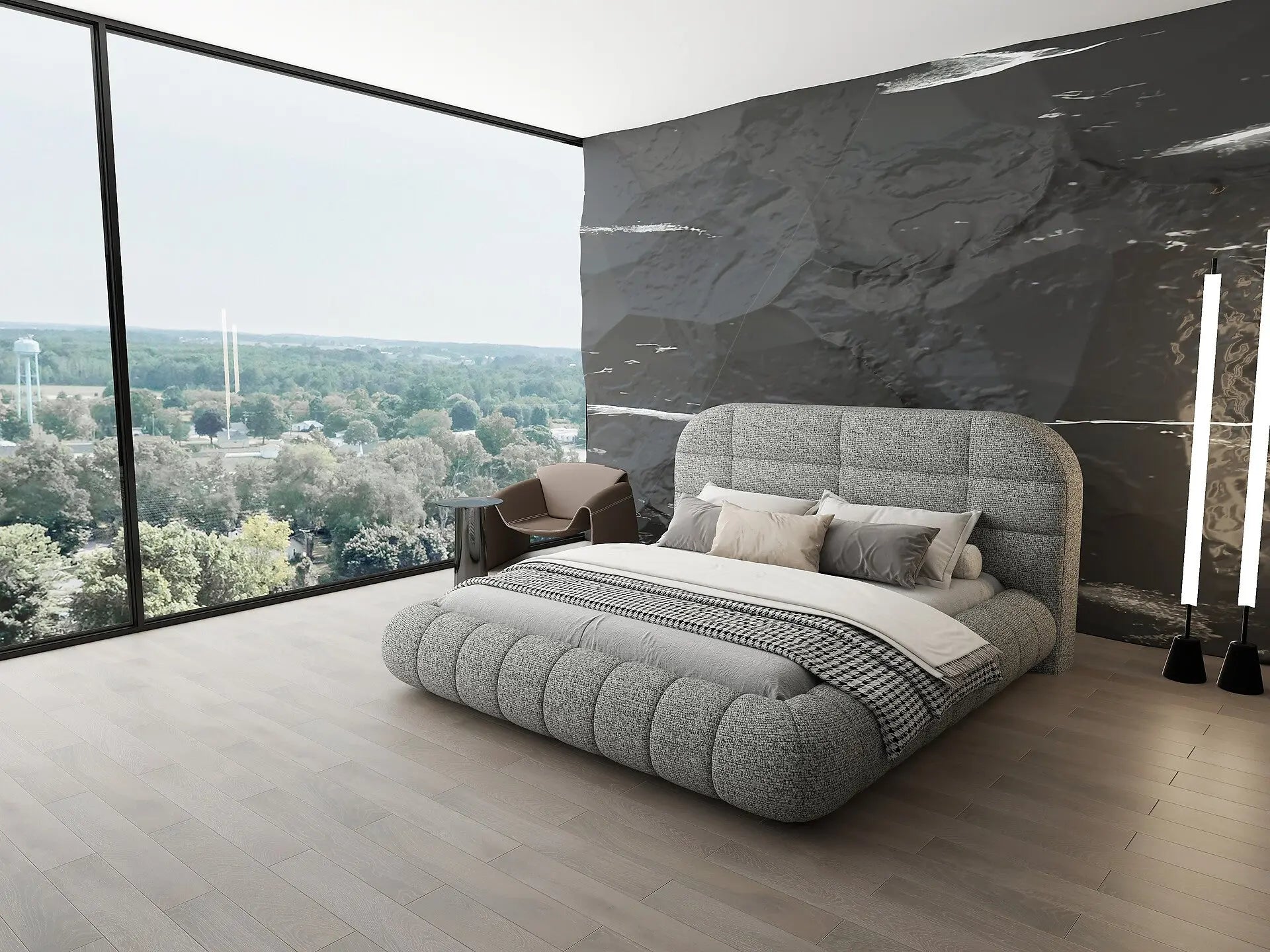 Pat dormitor dumonde, tapitat gri, Senso 180x200 cm, somiera rabatabila inclusa, spatiu depozitare WLS