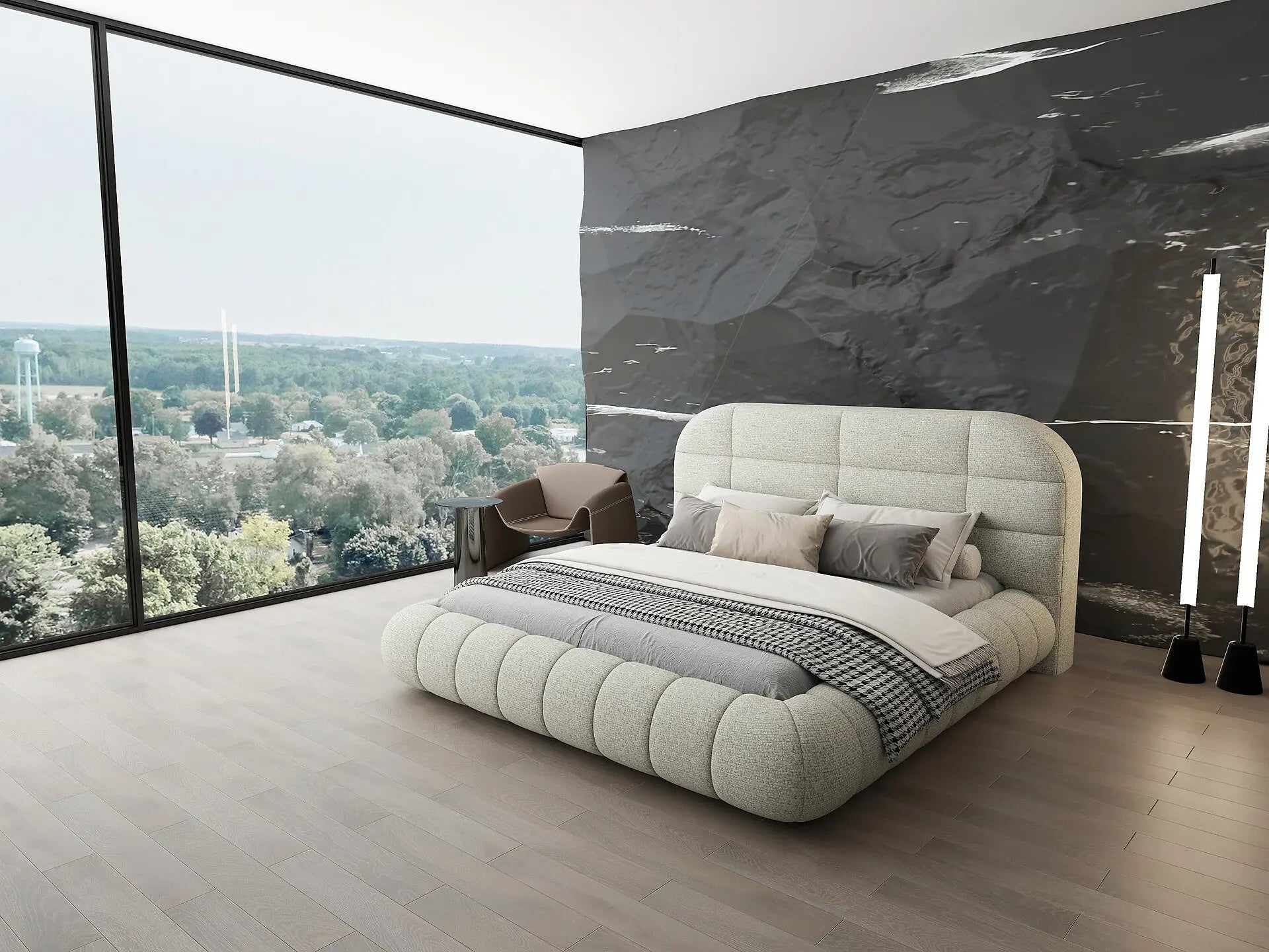 Pat dormitor dumonde, tapitat bej, Senso 180x200 cm, somiera rabatabila inclusa, spatiu depozitare WLS