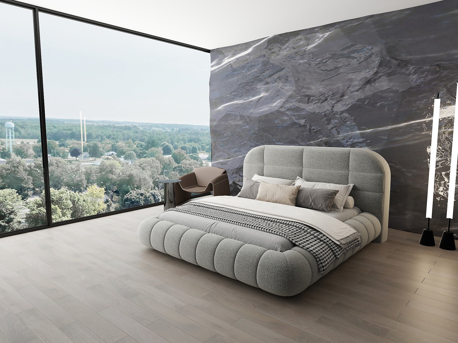 Pat dormitor dumonde, tapitat gri, Senso 160x200 cm, somiera rabatabila inclusa, spatiu depozitare