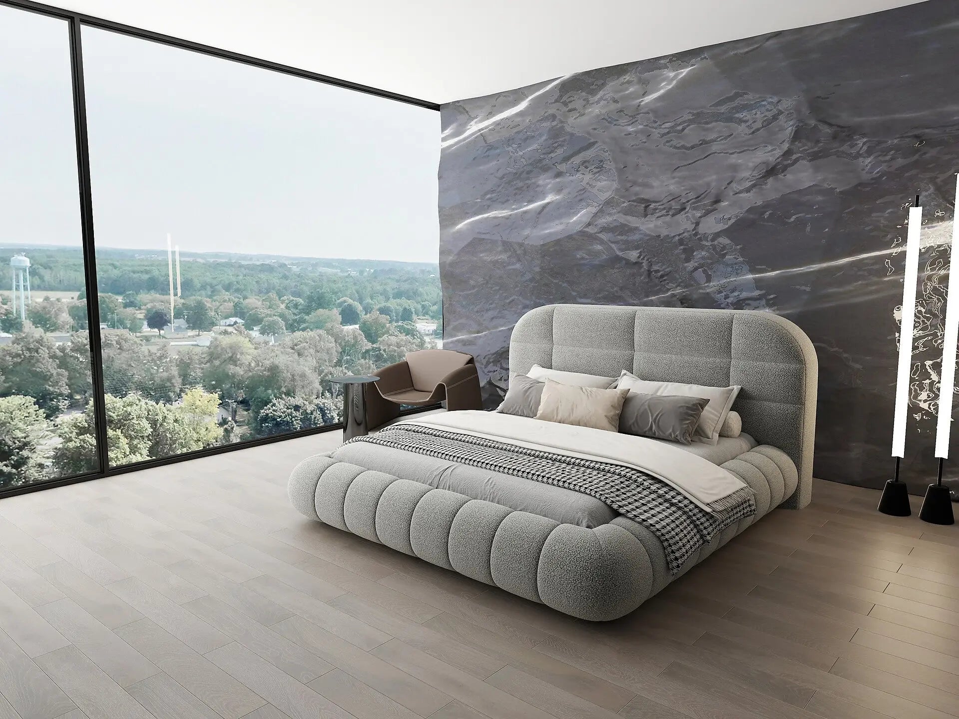 Pat dormitor dumonde, tapitat gri, Senso 160x200 cm, somiera rabatabila inclusa, spatiu depozitare WLS