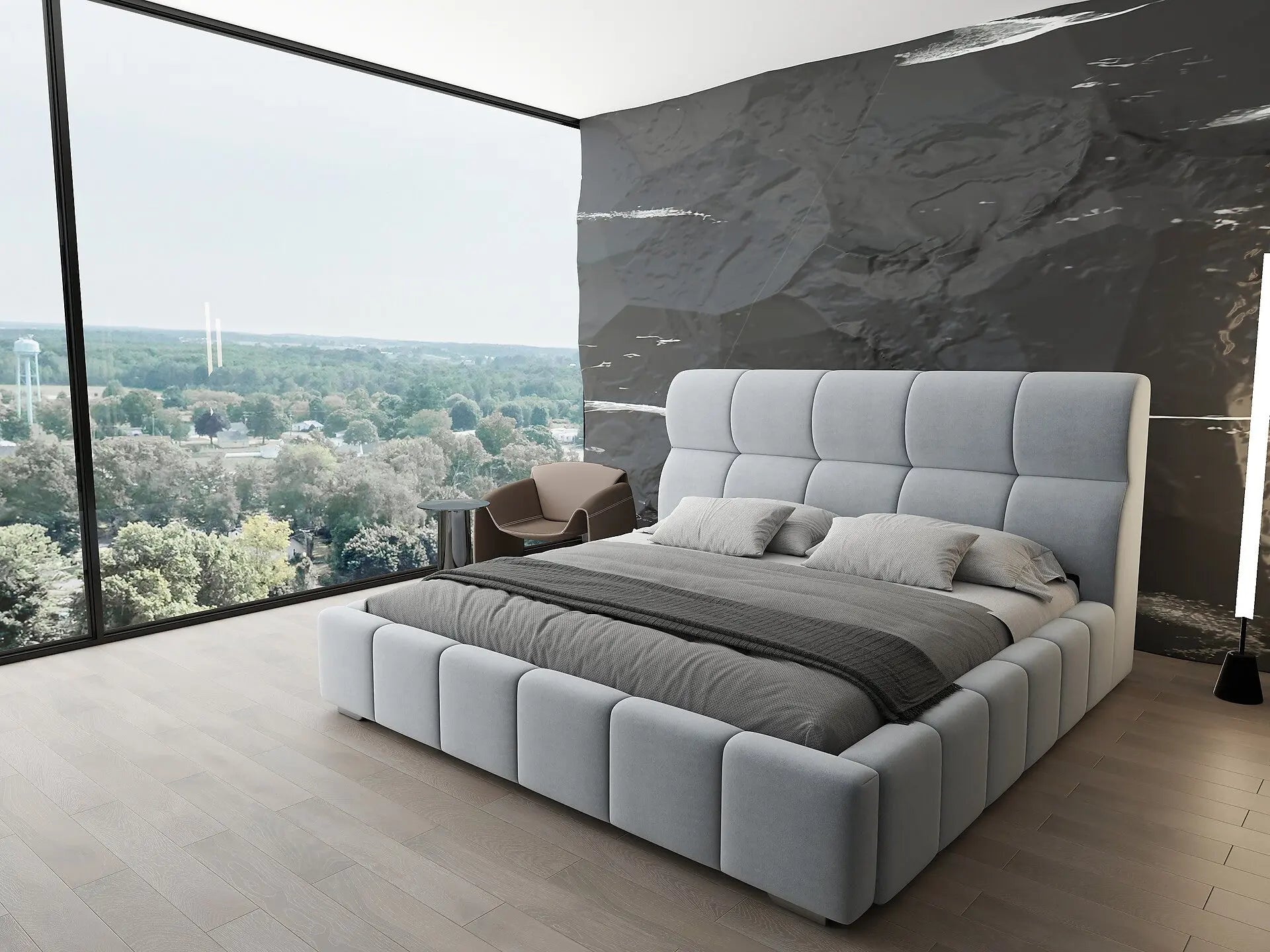 Pat dormitor dumonde, tapitat gri, Prestige 160x200 cm, somiera rabatabila inclusa, spatiu depozitare WLS