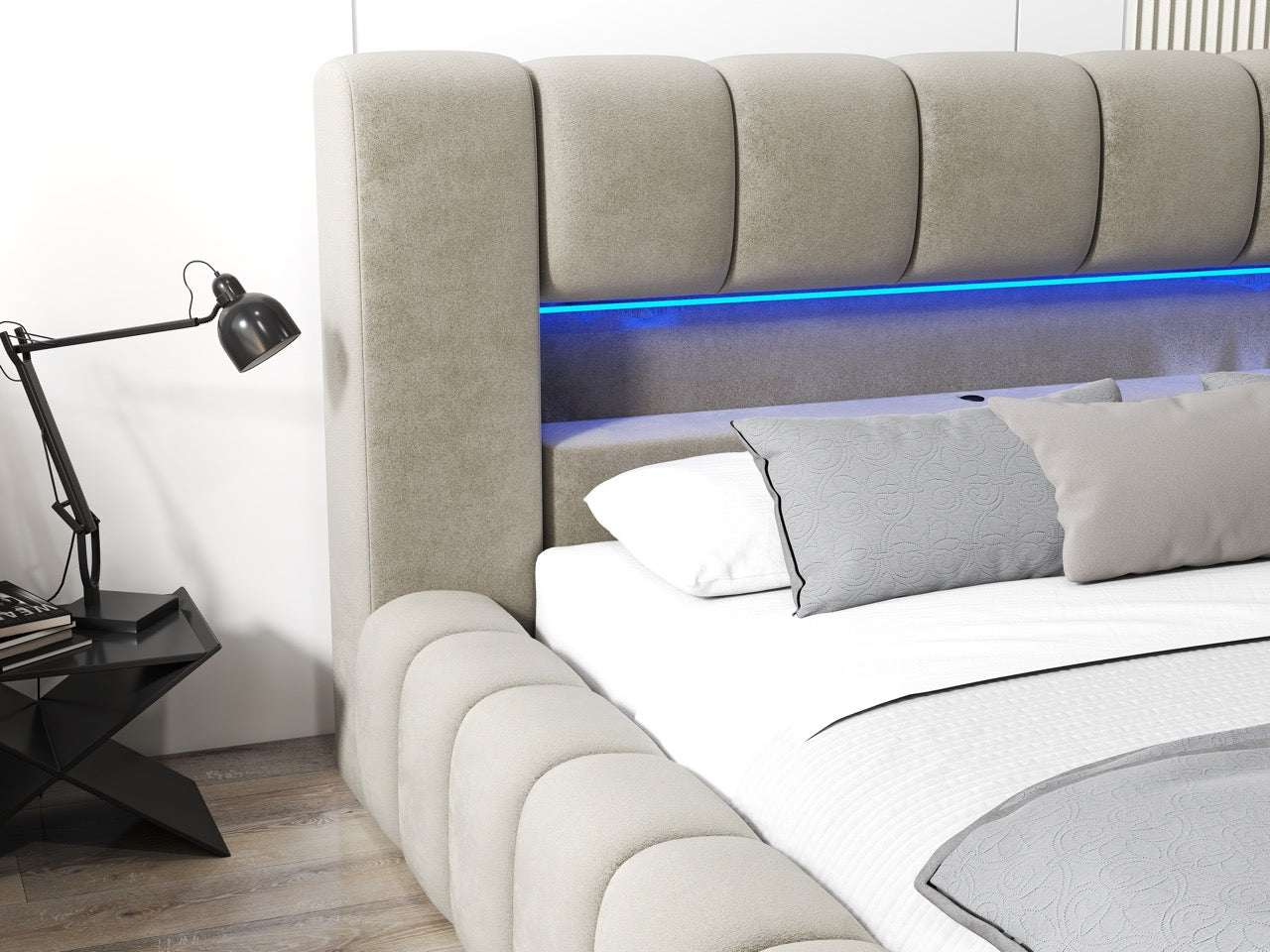 Pat dormitor dumonde, tapitat bej cu LED si USB, Palermo 160x200 cm, somiera rabatabila inclusa, spatiu depozitare WLS