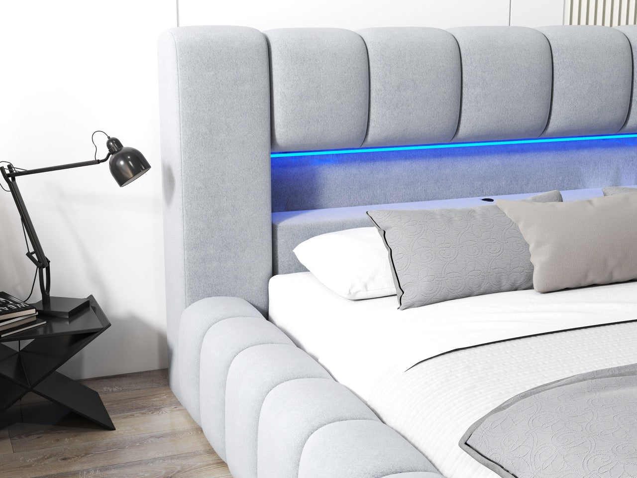 Pat dormitor dumonde, tapitat gri cu LED si USB, Palermo 160x200 cm, somiera rabatabila inclusa, spatiu depozitare WLS