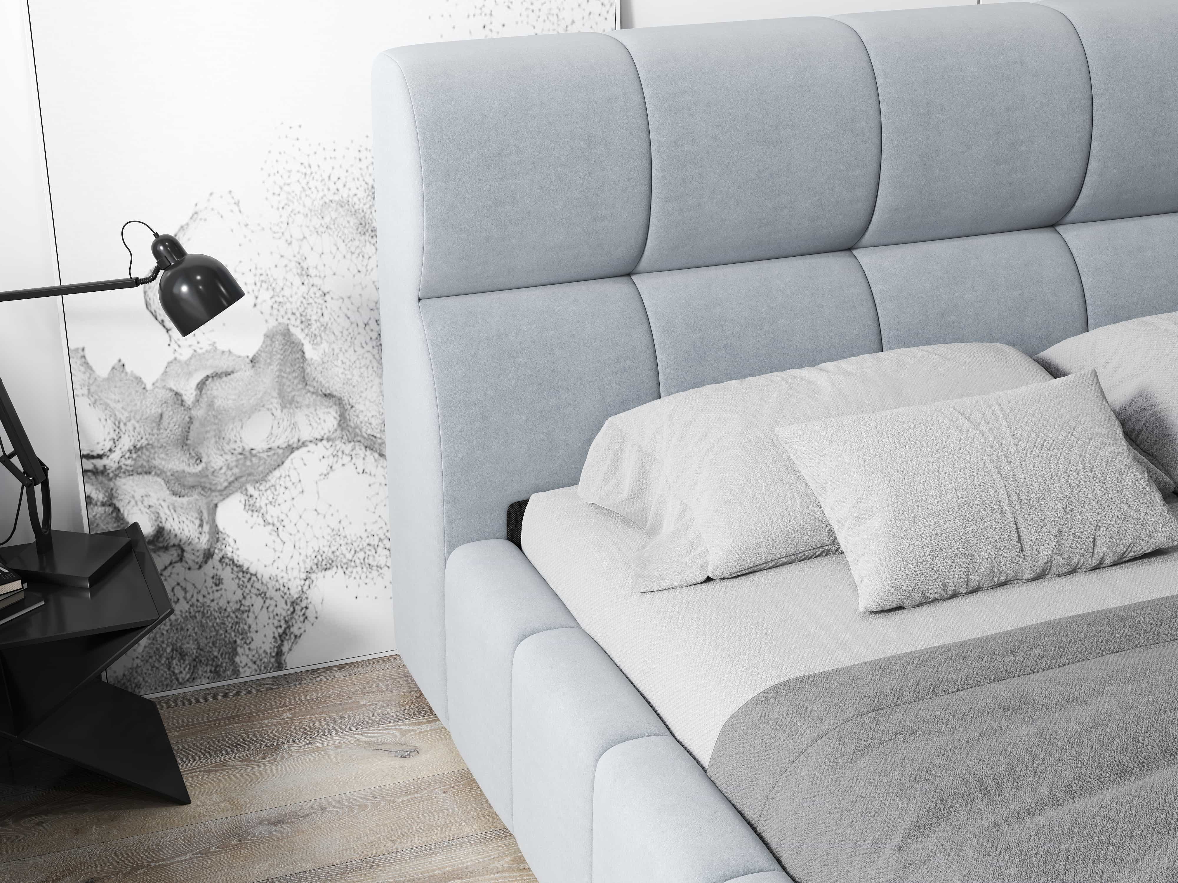 Pat dormitor dumonde, tapitat gri, Prestige 160x200 cm, somiera rabatabila inclusa, spatiu depozitare WLS