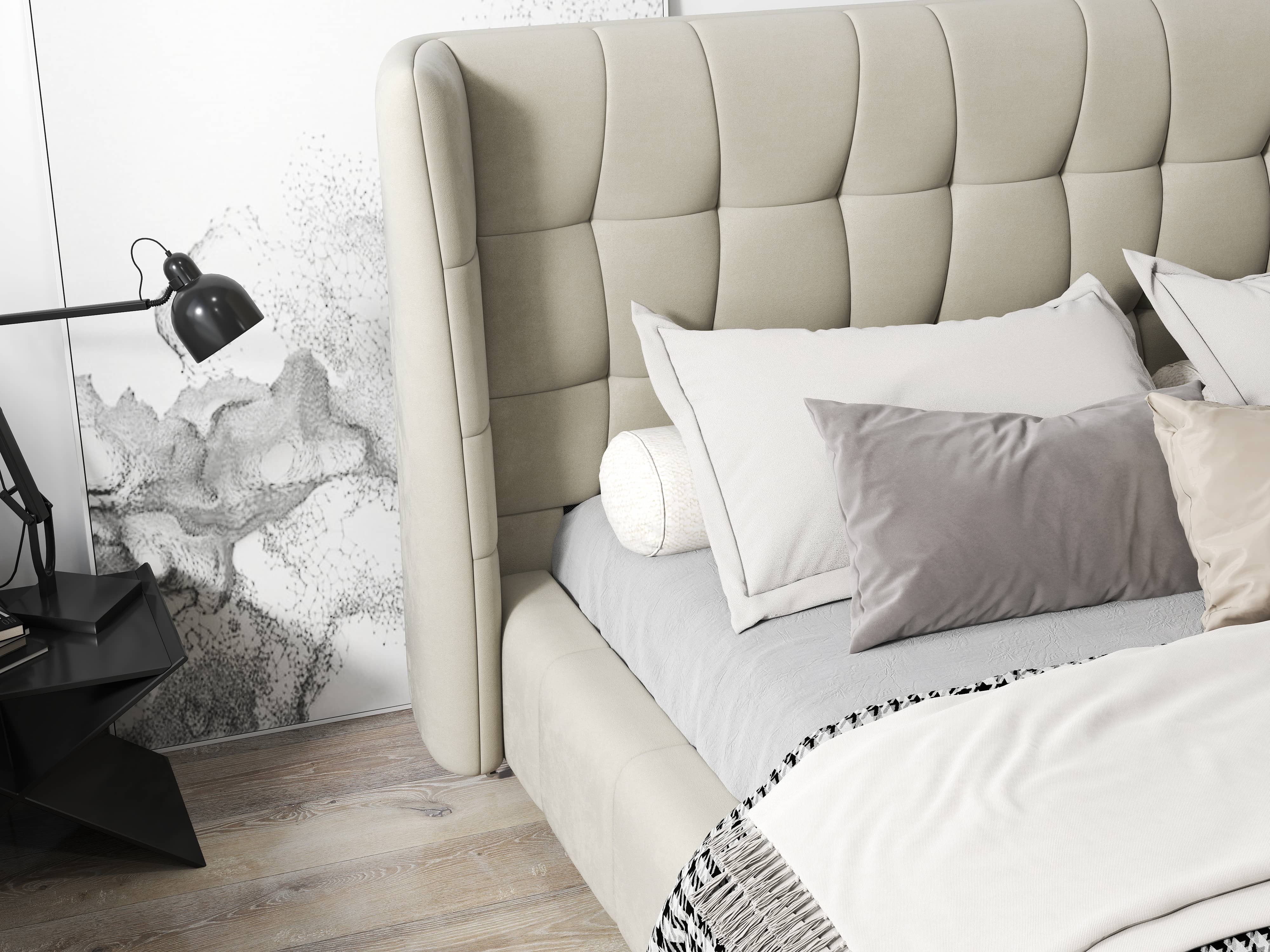 Pat dormitor dumonde, tapitat bej, Bellagio 160x200 cm, somiera fixa inclusa WLS