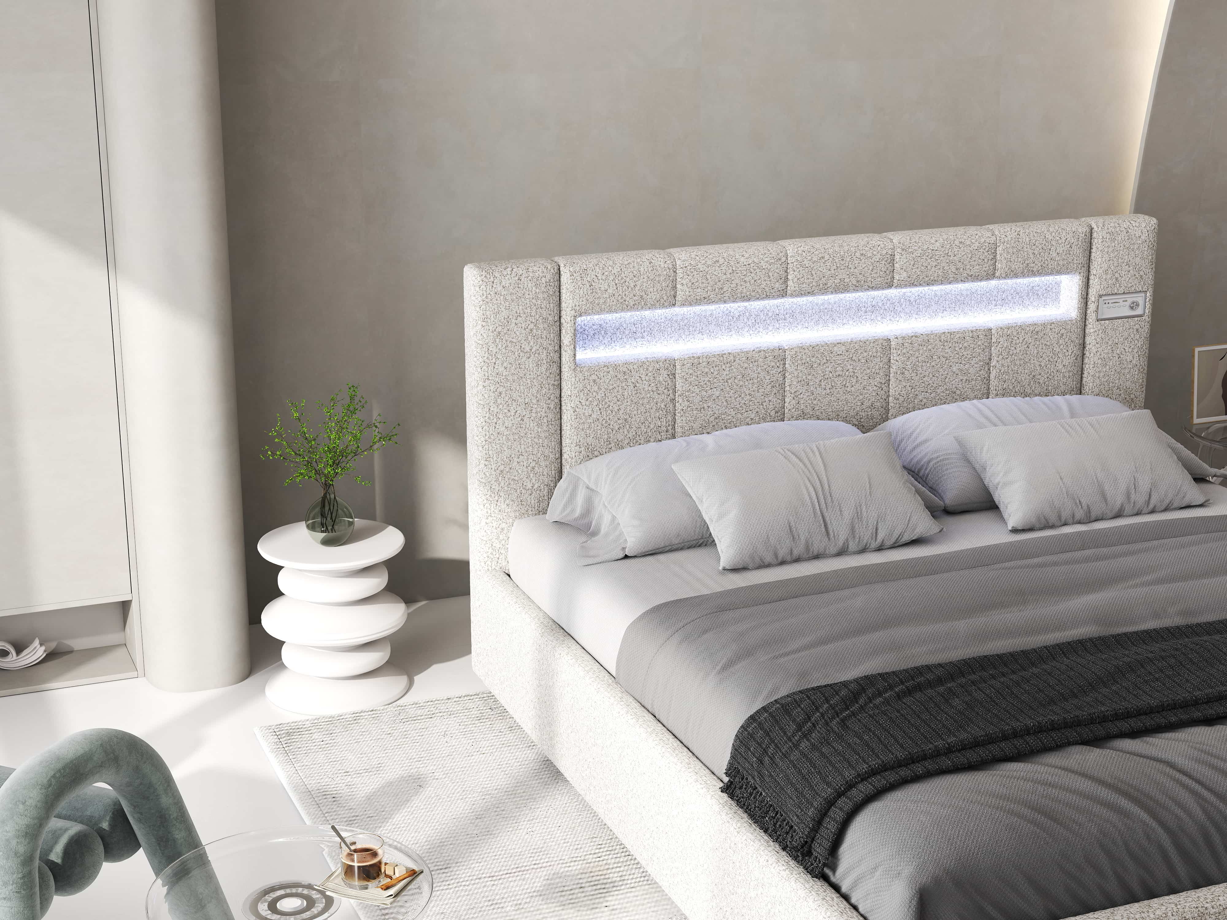 Pat dormitor dumonde, tapitat bej, Glow 160x200 cm, somiera rabatabila inclusa, spatiu depozitare WLS