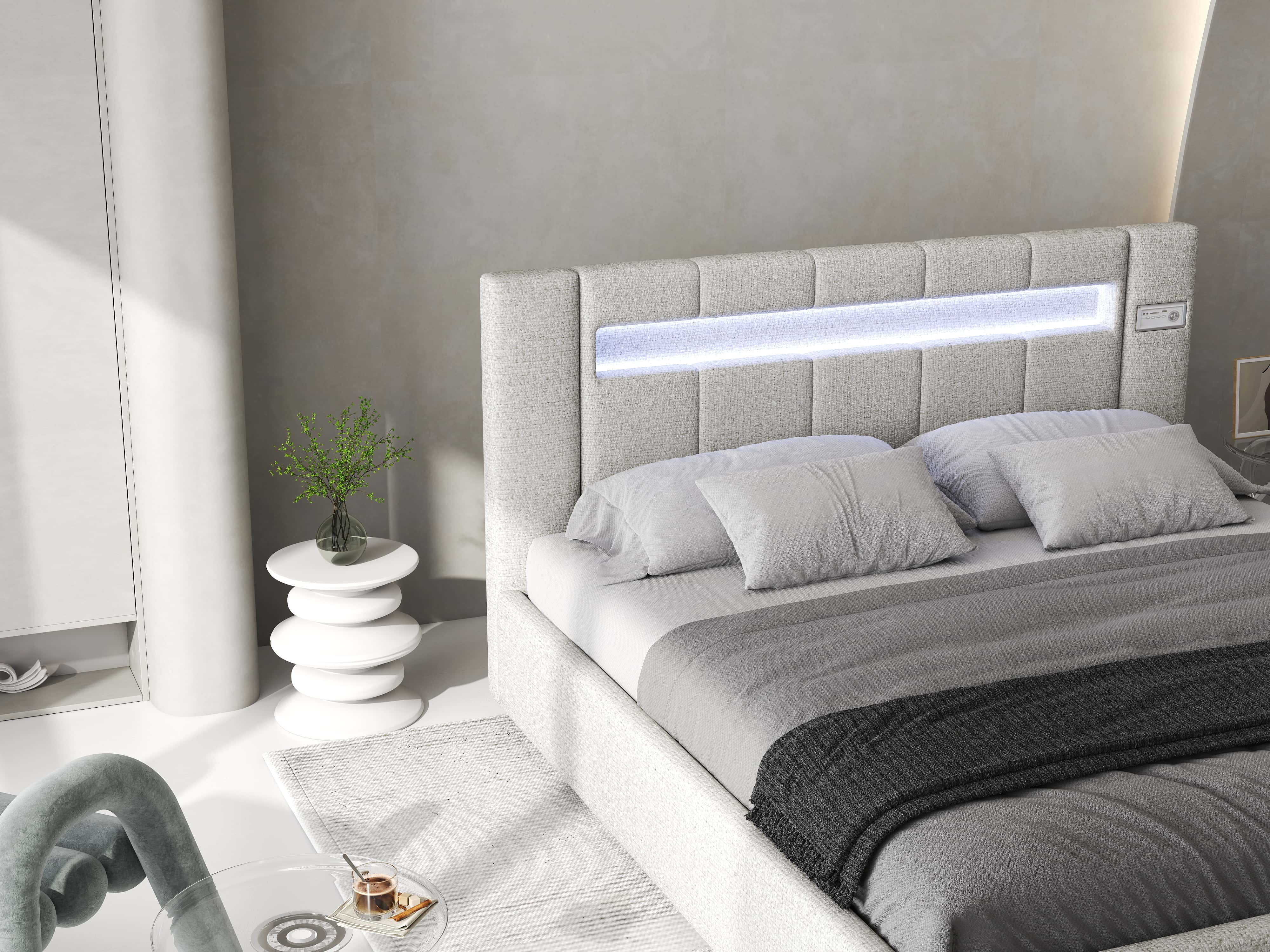 Pat dormitor dumonde, tapitat gri, Glow 160x200 cm, somiera rabatabila inclusa, spatiu depozitare WLS