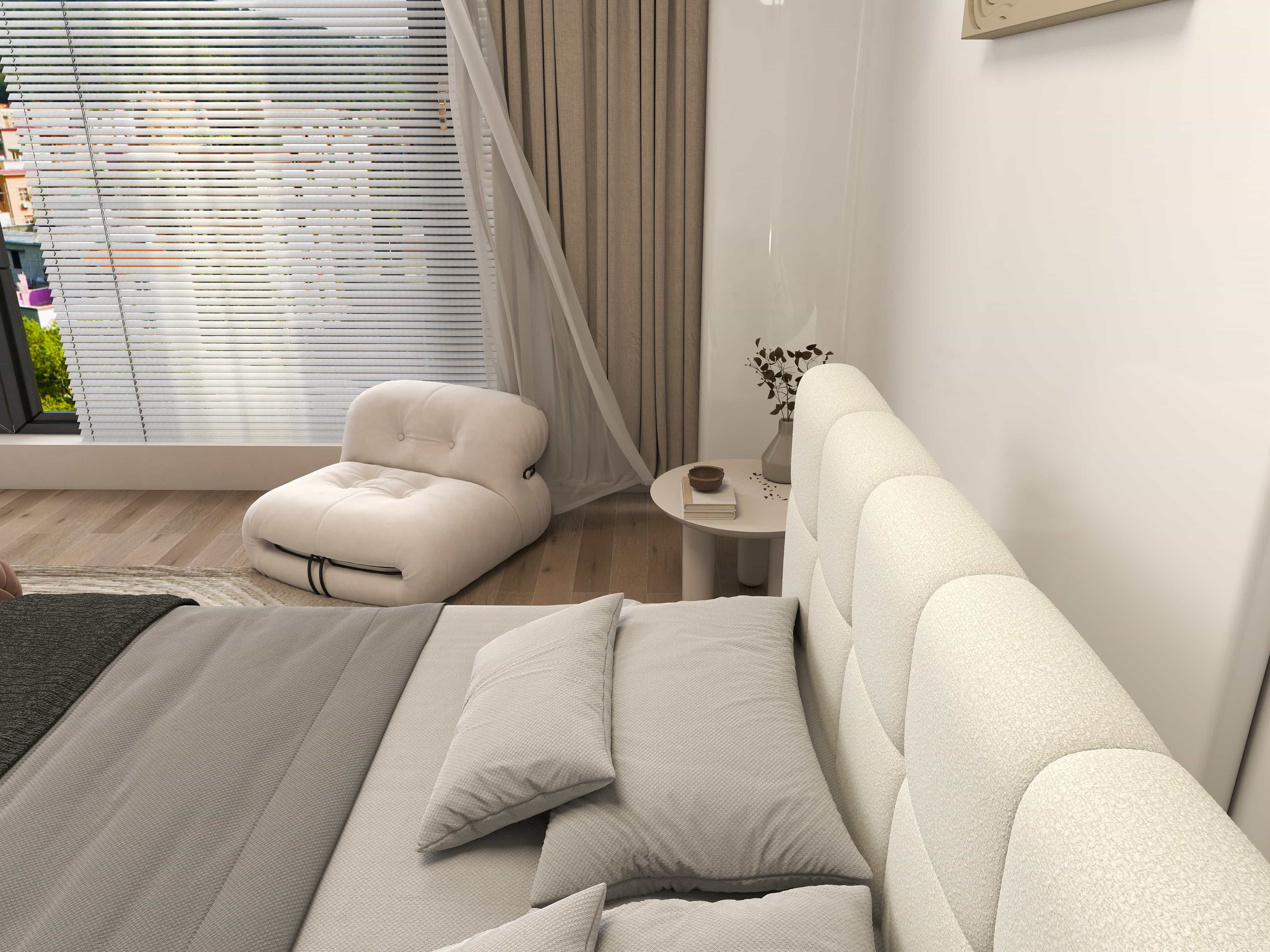 Pat dormitor dumonde, tapitat bej, Lorenzo 160x200 cm, somiera rabatabila inclusa, spatiu depozitare WLS