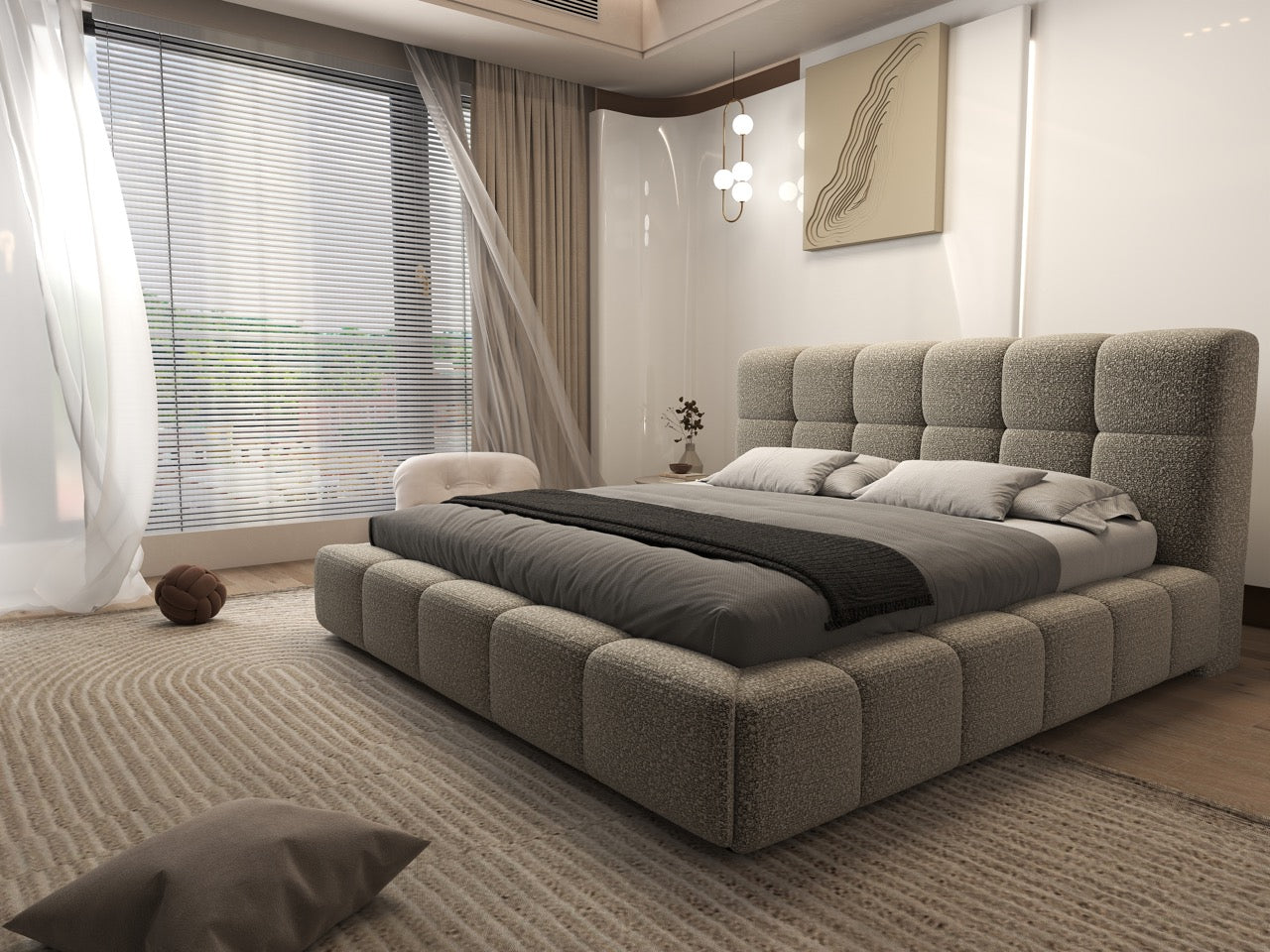 Pat dormitor dumonde, tapitat bej, Lorenzo 160x200 cm, somiera rabatabila inclusa, spatiu depozitare WLS