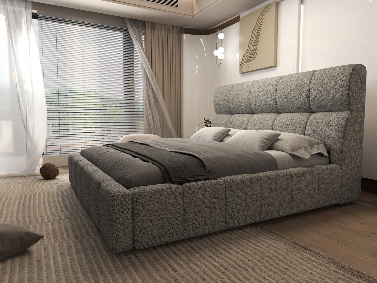 Pat dormitor dumonde, tapitat bej, Prestige 180x200 cm, somiera rabatabila inclusa, spatiu depozitare