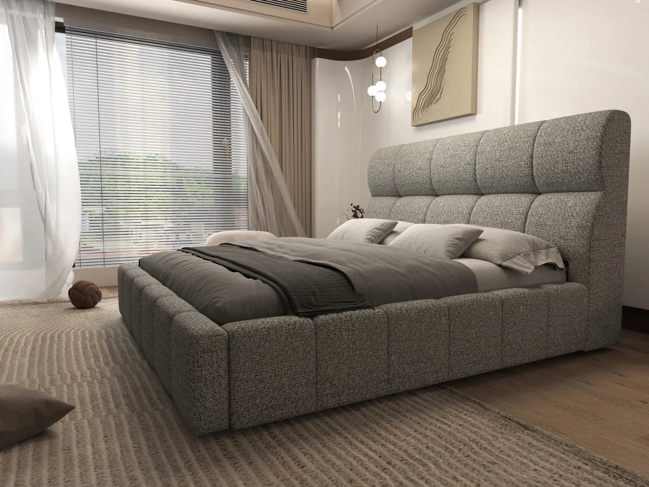 Pat dormitor dumonde, tapitat bej, Prestige 180x200 cm, somiera rabatabila inclusa, spatiu depozitare WLS