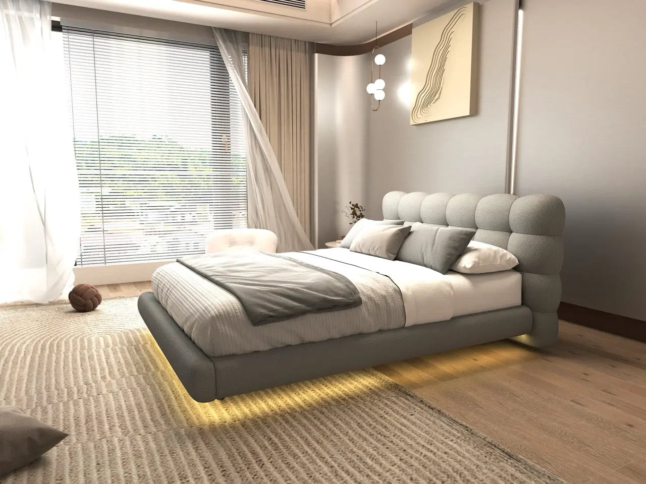 Pat dormitor dumonde, tapitat gri cu LED, "floating bed" Cloud 180x200 cm, somiera inclusa WLS