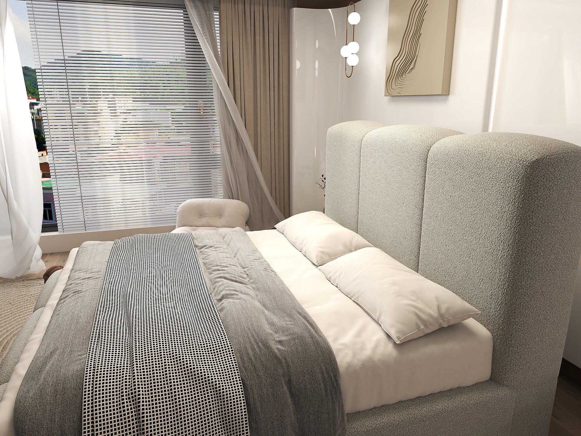 Pat dormitor dumonde, tapitat gri, Havana 160x200 cm, somiera rabatabila inclusa, spatiu depozitare