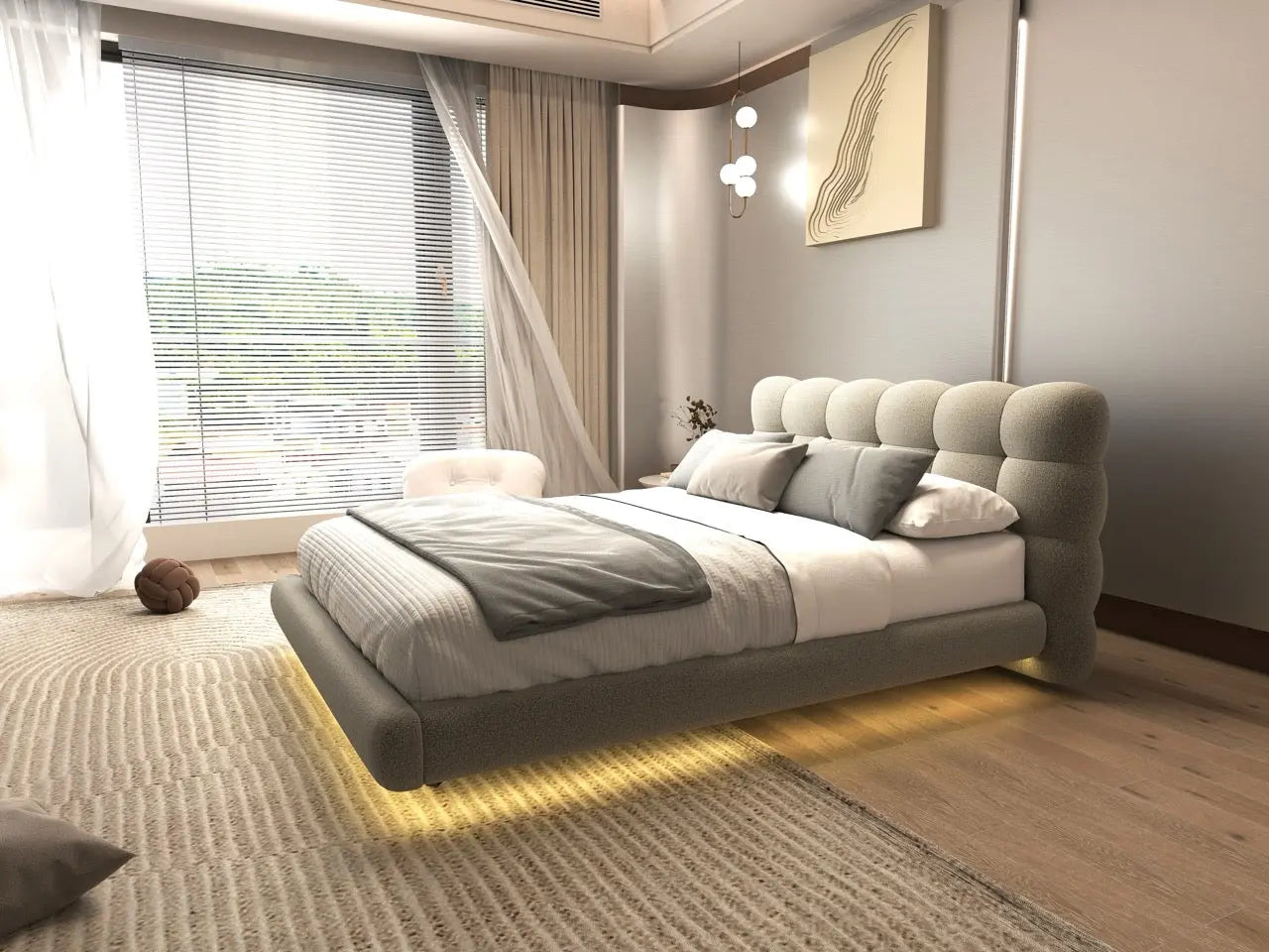 Pat dormitor dumonde, tapitat bej cu LED, "floating bed" Cloud 160x200 cm, somiera inclusa WLS