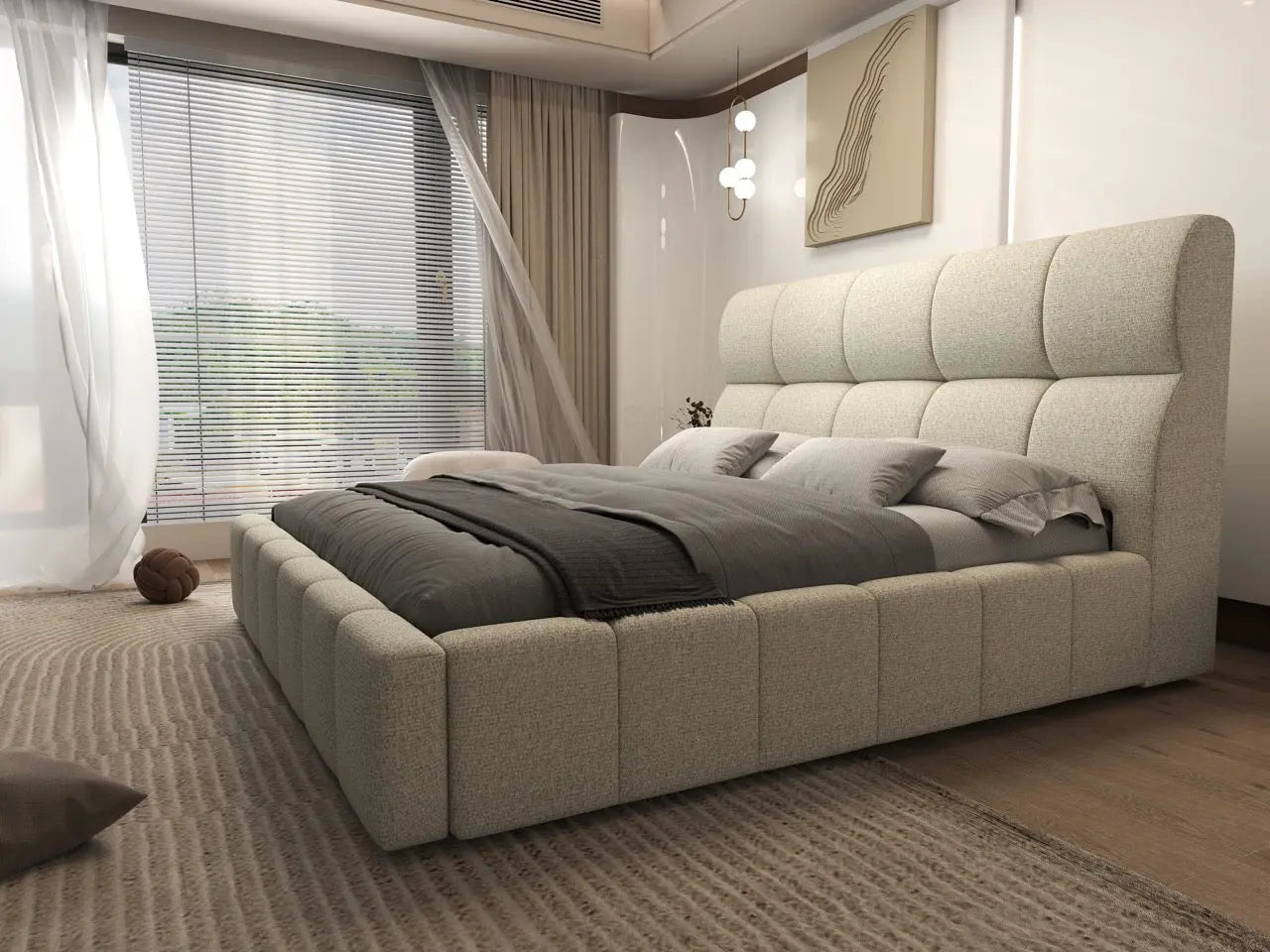 Pat dormitor dumonde, tapitat bej, Prestige 180x200 cm, somiera rabatabila inclusa, spatiu depozitare WLS