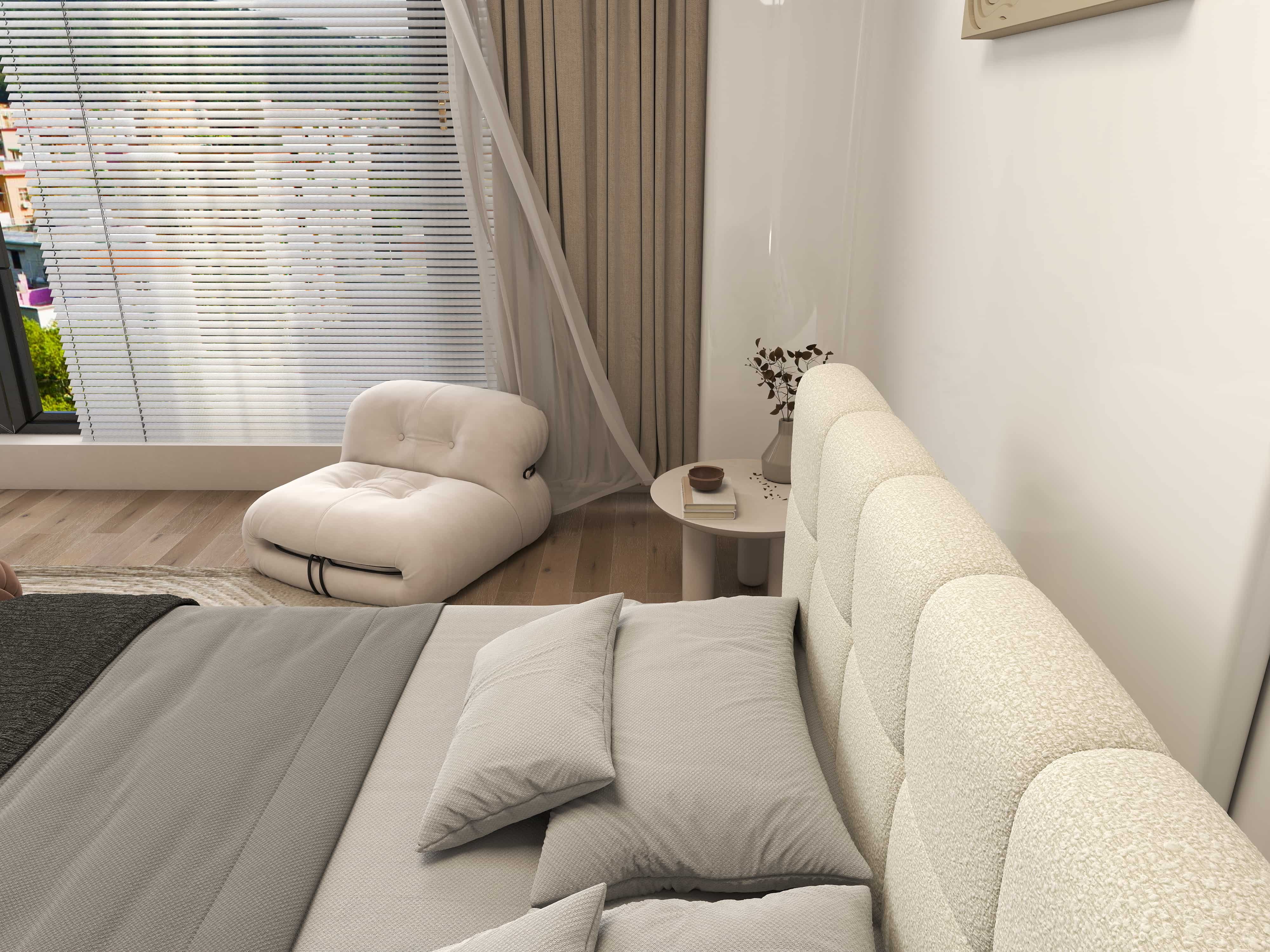 Pat dormitor dumonde, tapitat bej, Lorenzo 140x200 cm, somiera rabatabila inclusa, spatiu depozitare WLS