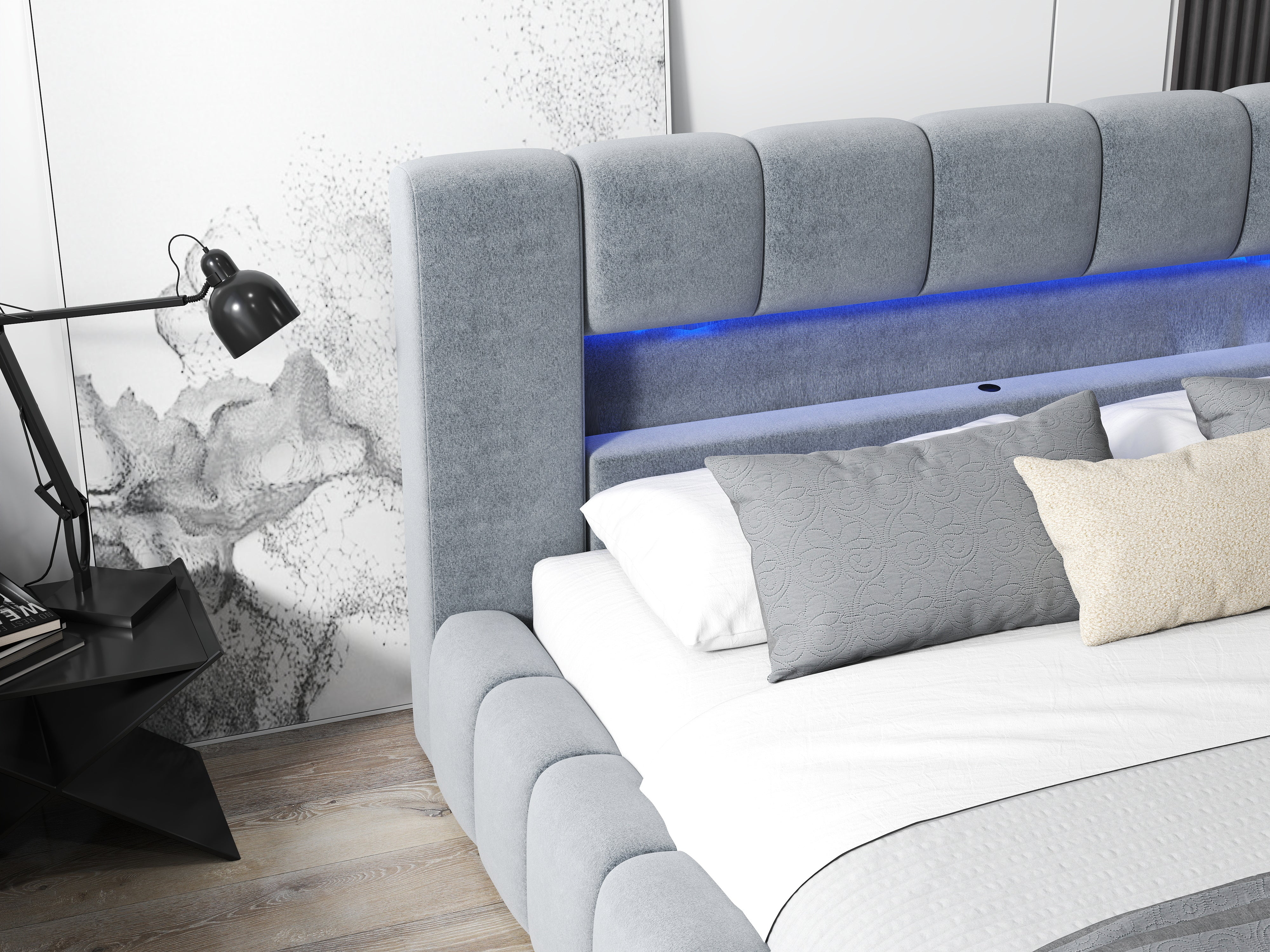 Pat dormitor dumonde, tapitat gri cu LED si USB, Palermo 180x200 cm, somiera rabatabila inclusa, spatiu depozitare WLS