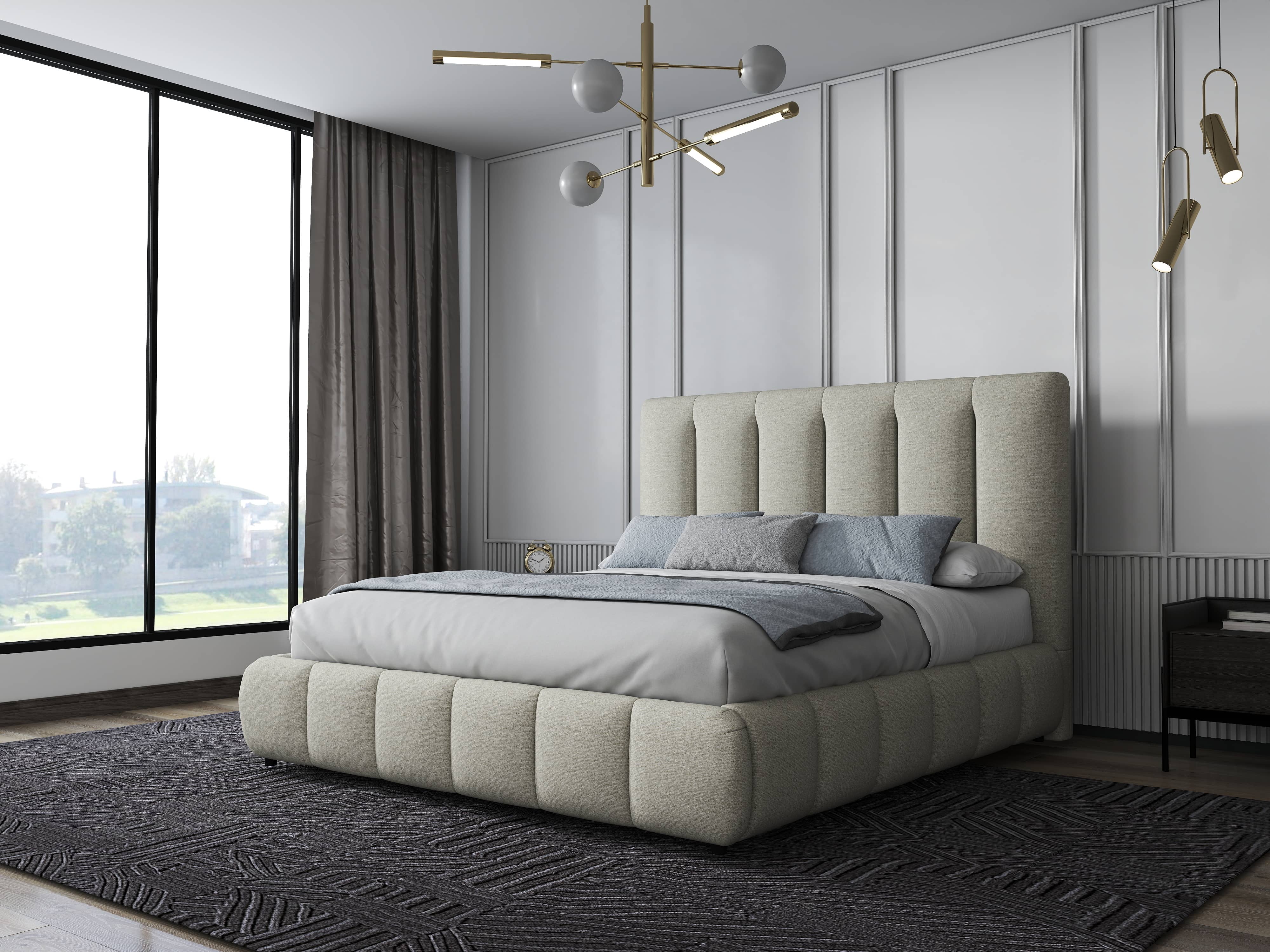 Pat dormitor dumonde, tapitat gri, Divaneo 160x200 cm, somiera rabatabila inclusa, spatiu depozitare WLS