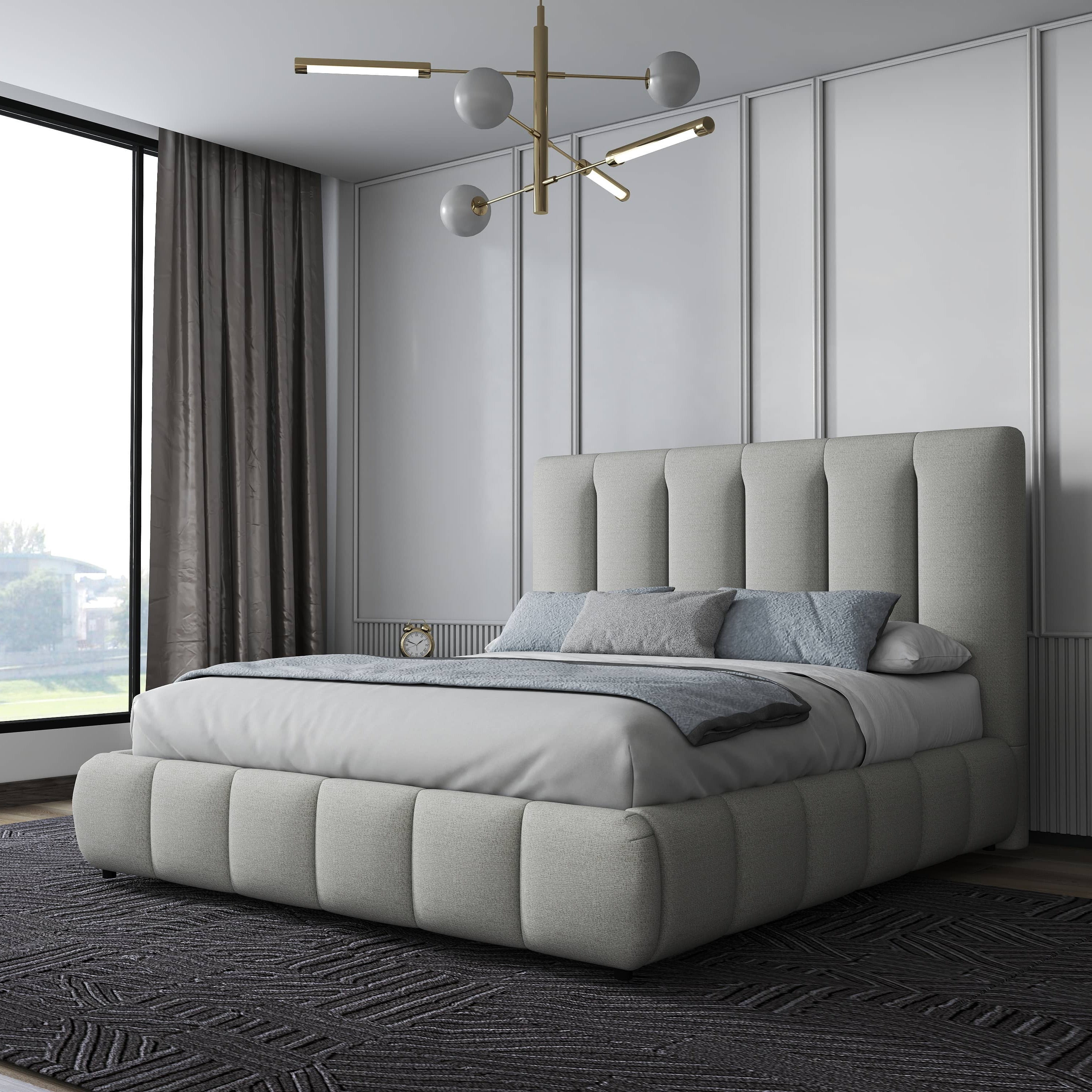 Pat dormitor dumonde, tapitat gri, Divaneo 160x200 cm, somiera rabatabila inclusa, spatiu depozitare WLS