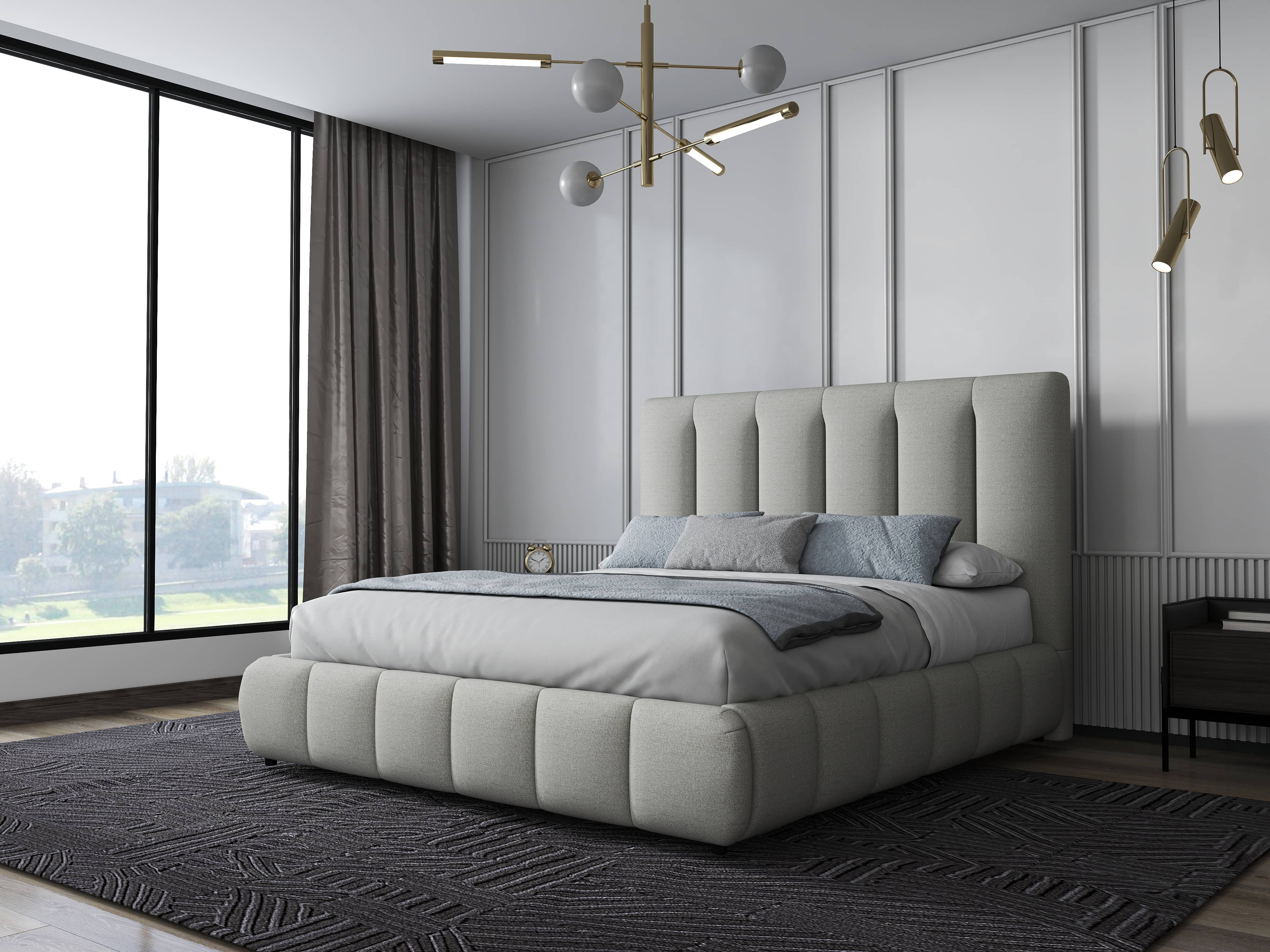 Pat dormitor dumonde, tapitat gri, Divaneo 160x200 cm, somiera rabatabila inclusa, spatiu depozitare WLS