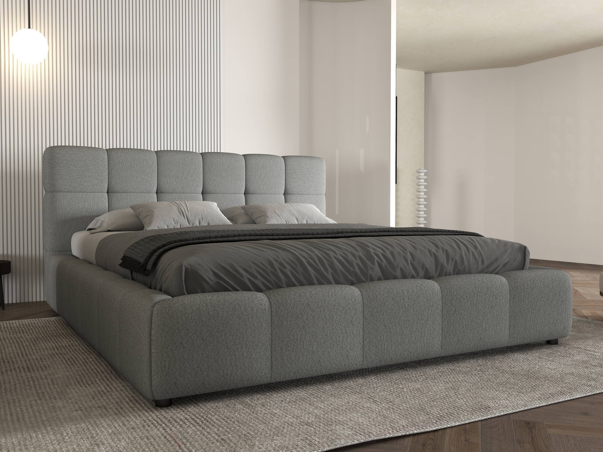 Pat dormitor dumonde, tapitat gri, Lorenzo 180X200 cm, somiera rabatabila inclusa, spatiu depozitare