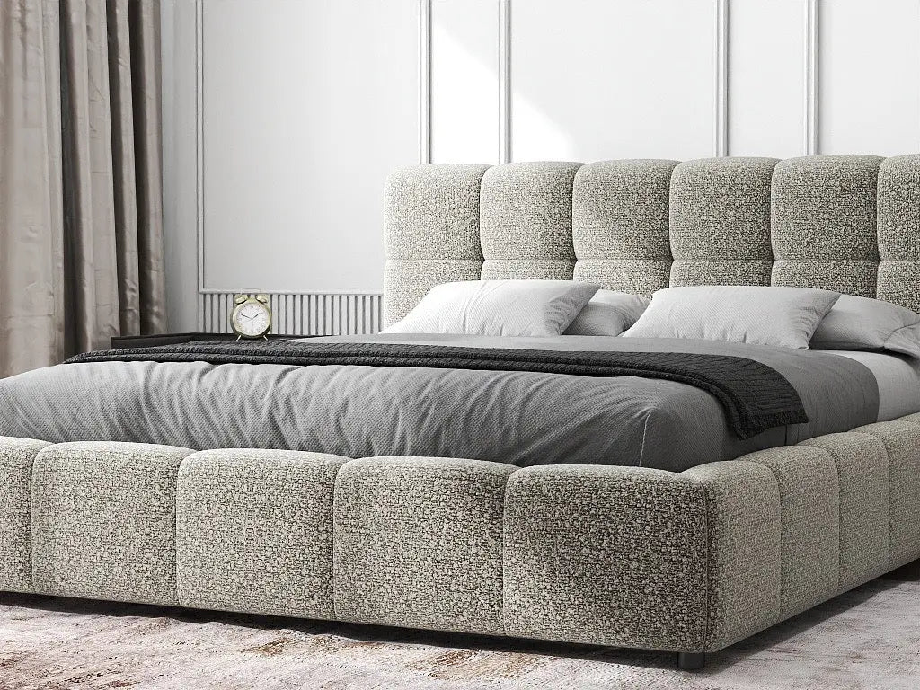 Pat dormitor dumonde, tapitat gri, Lorenzo 140x200 cm, somiera rabatabila inclusa, spatiu depozitare WLS