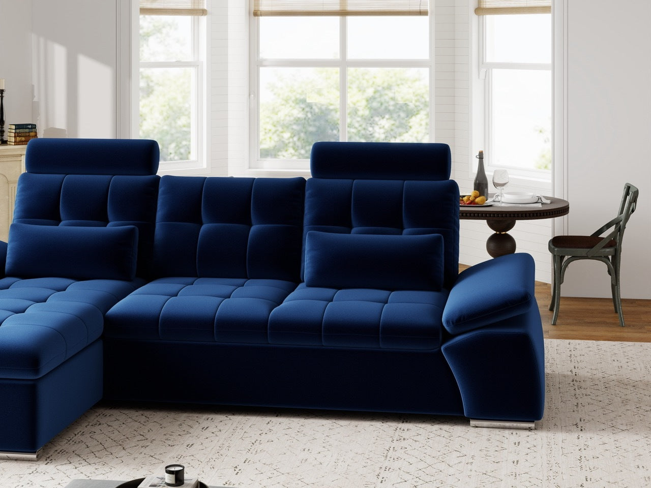 Colțar extensibil dumonde cu ladă de depozitare și șezut confortabil din spumă HR, Merkur Royal Albastru Navy 270x168 cm