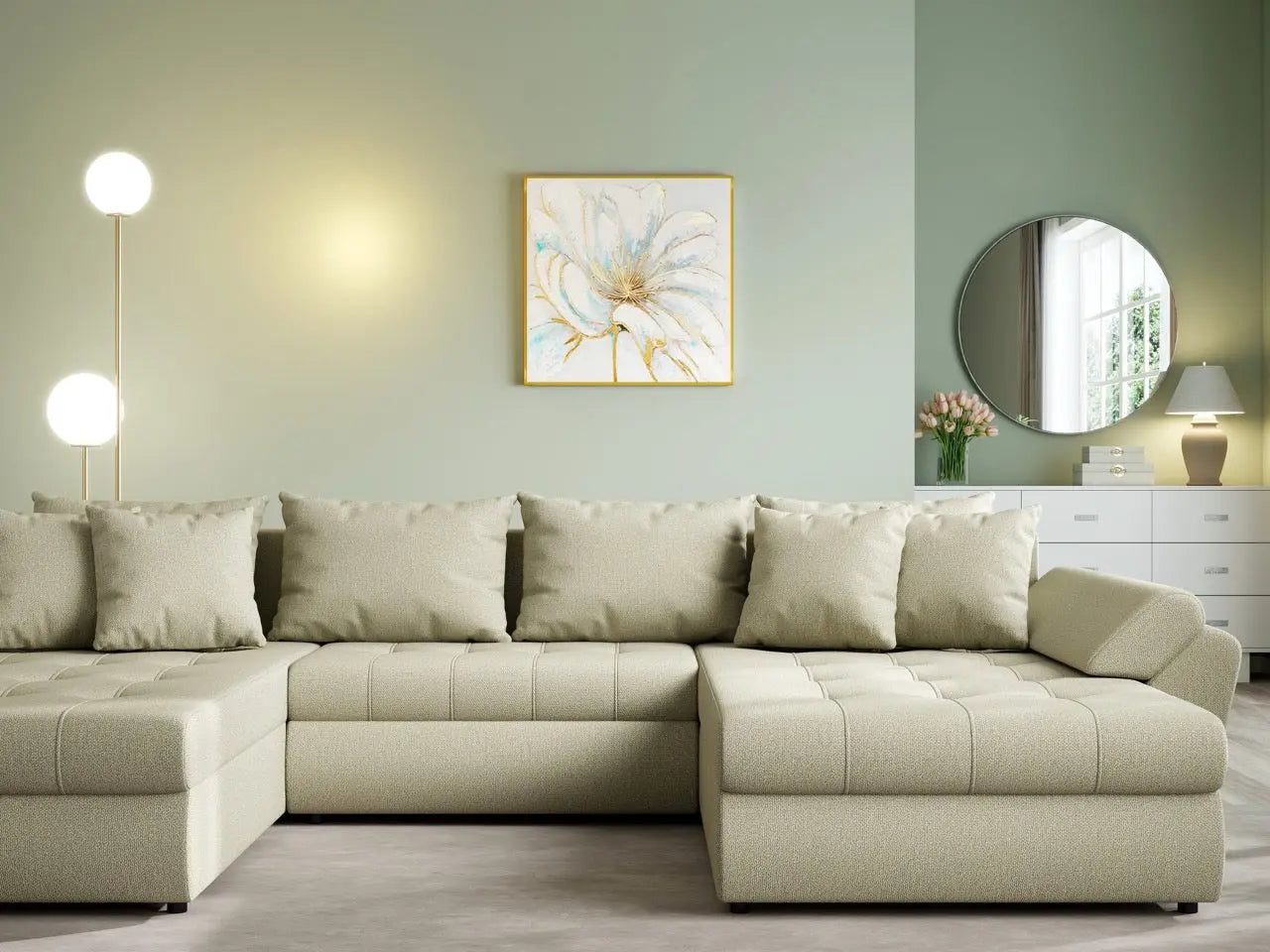 Colțar extensibil dumonde cu ladă de depozitare si sezut confortabil din spuma HR, Loana U Enjoy Camel 355x185 cm Fabrica