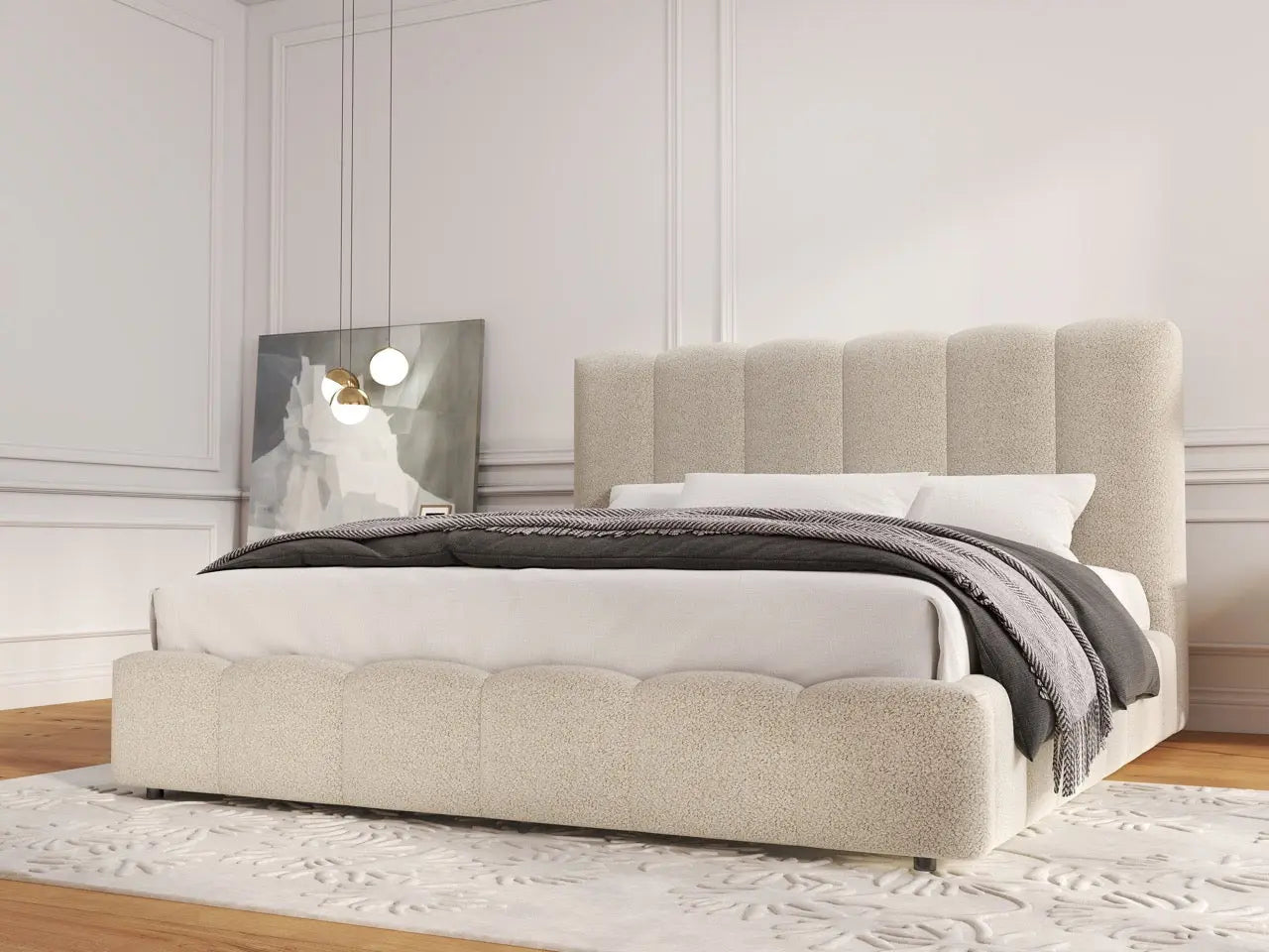 Pat dormitor dumonde, tapitat bej, Milano 160x200 cm, somiera rabatabila inclusa, spatiu depozitare WLS