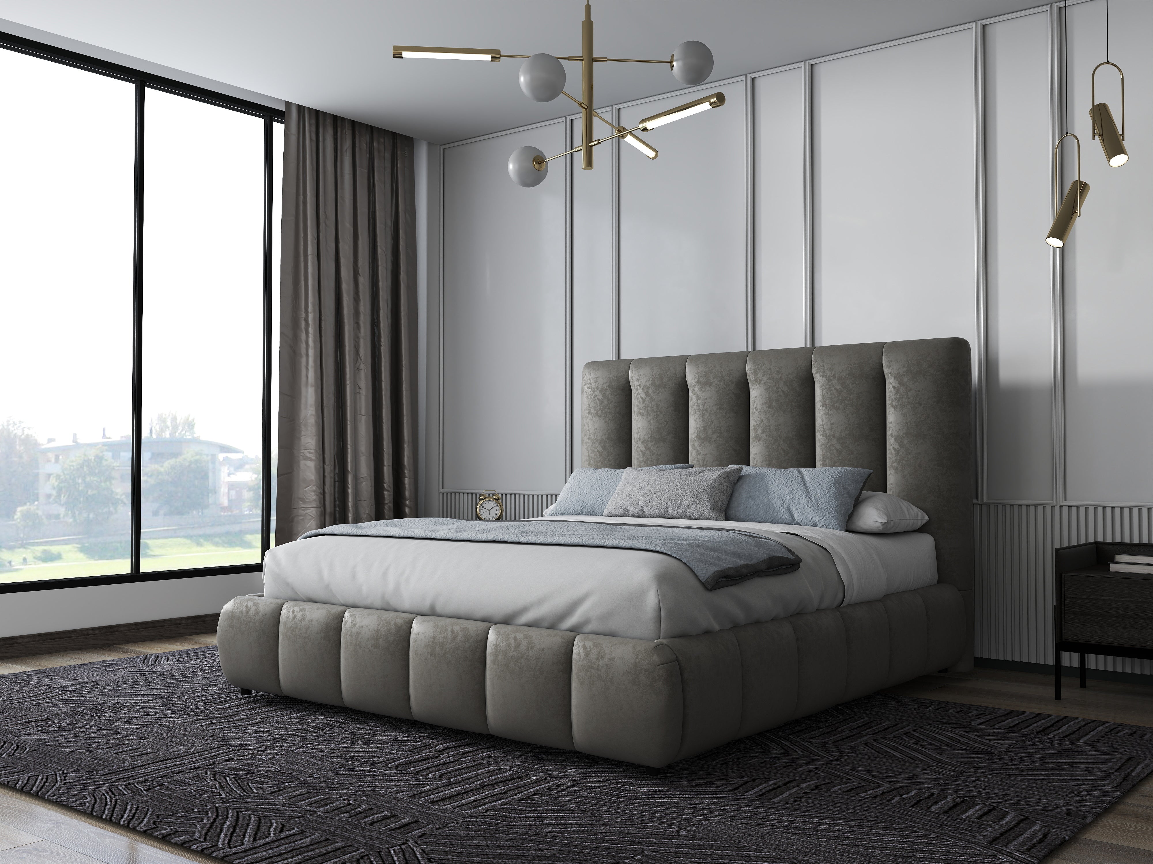 Pat dormitor dumonde, tapitat bej, Divaneo 180x200 cm, somiera rabatabila inclusa, spatiu depozitare WLS